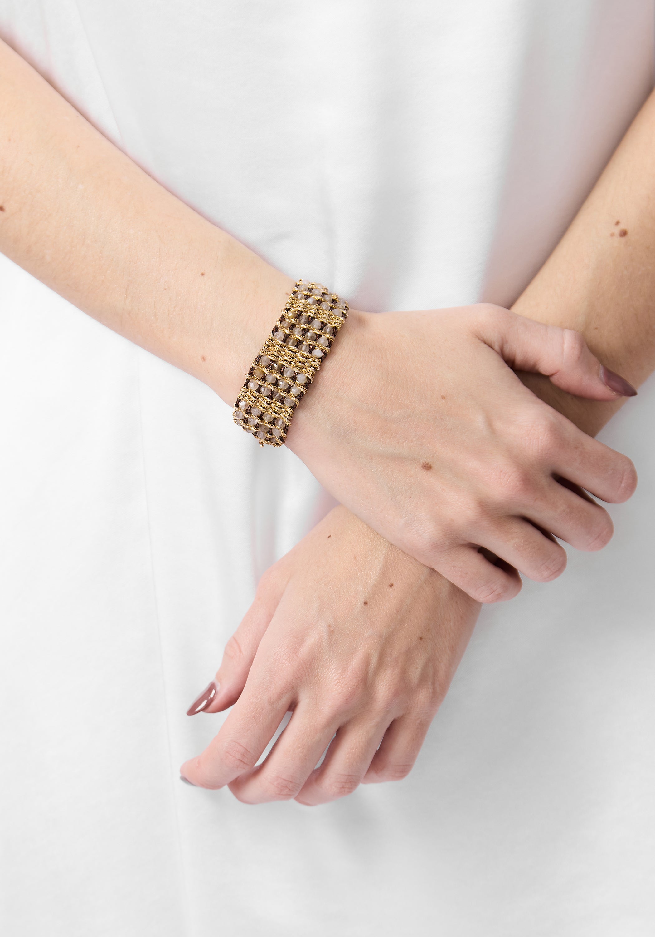 Gold Plated Woven Rutilated Quartz Wide Bracelet