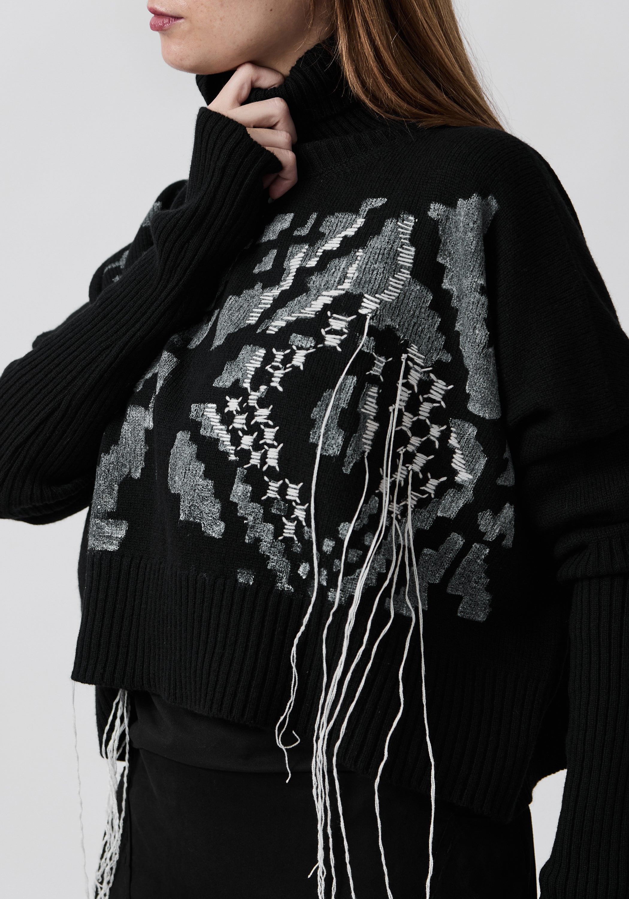 Bina Hand Painted and Embroidered Wool and Cashmere Blend Turtleneck