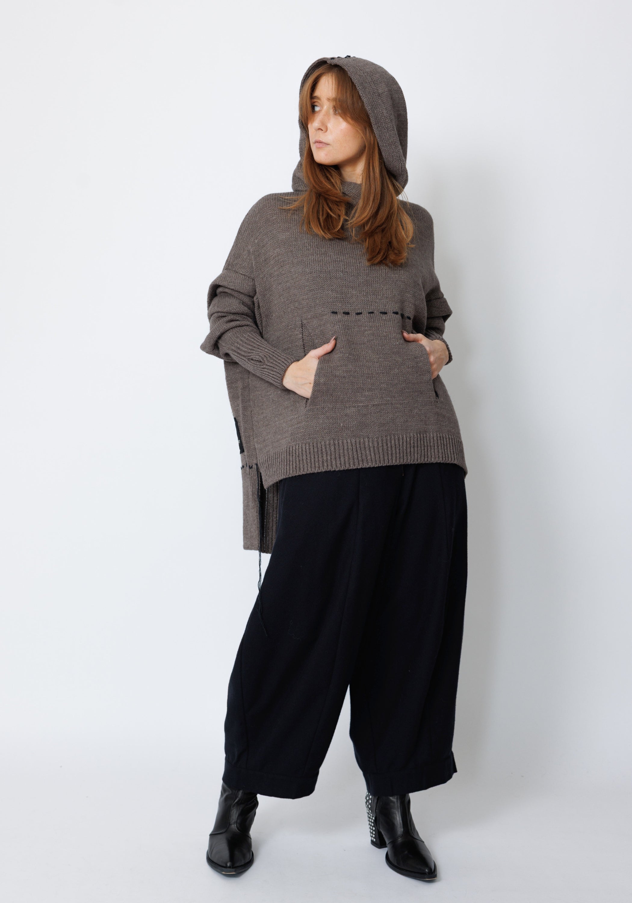 Edooh Asymmetric Oversized Wool Blend Knit Hoodie