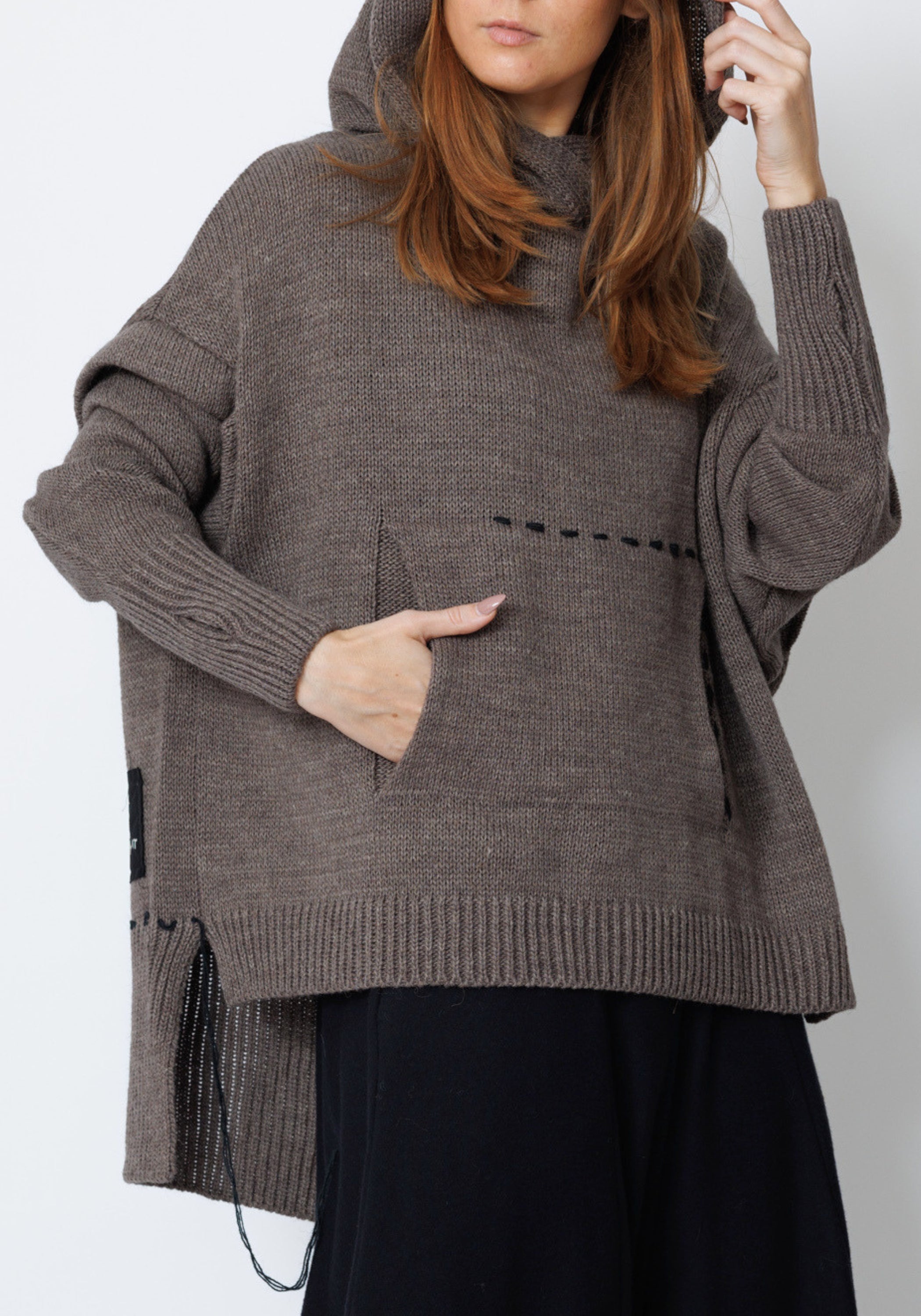 Edooh Asymmetric Oversized Wool Blend Knit Hoodie
