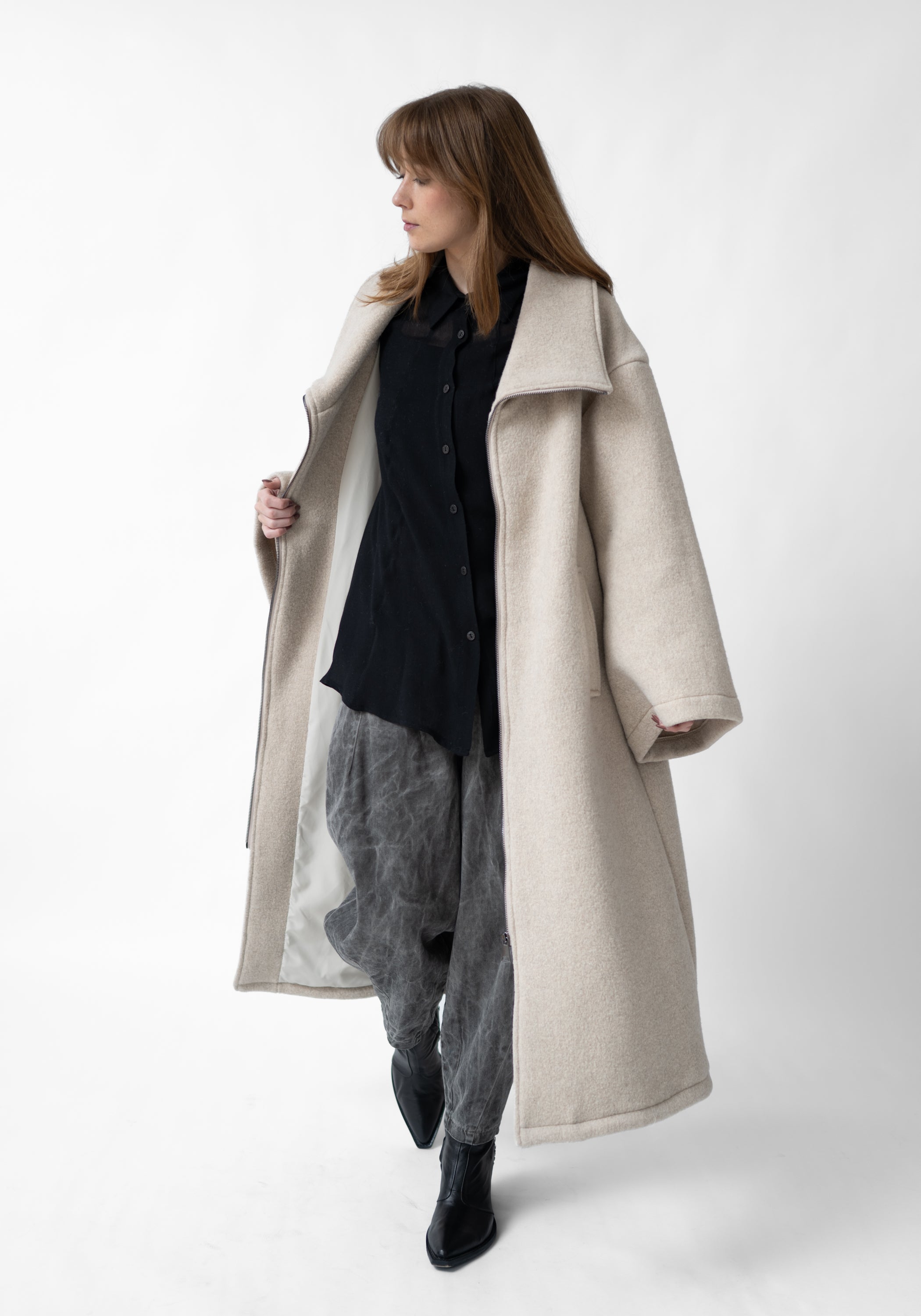 Oversized Zip Front Wool Blend Coat