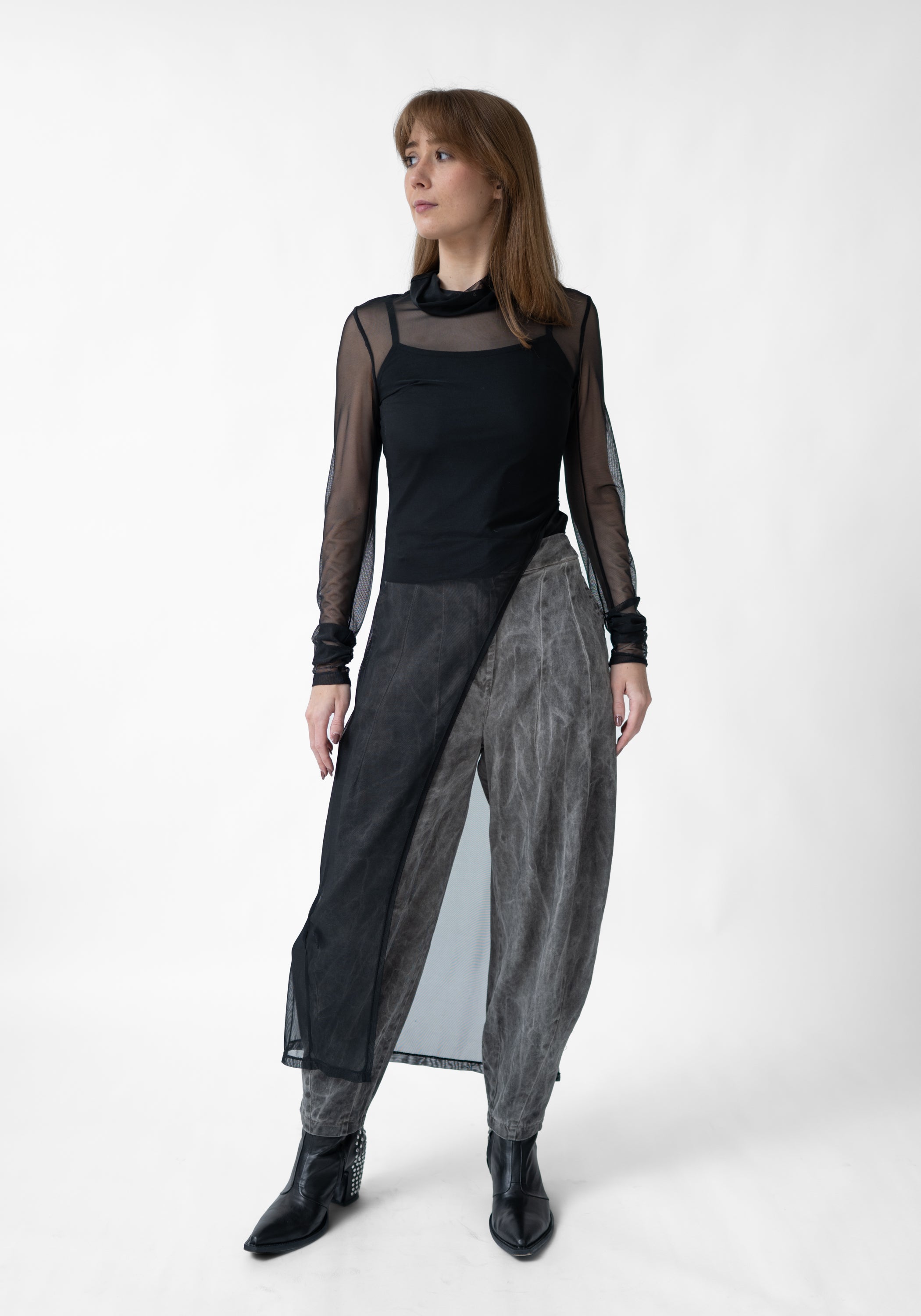Asymmetric High Neck Sheer Mesh Tunic
