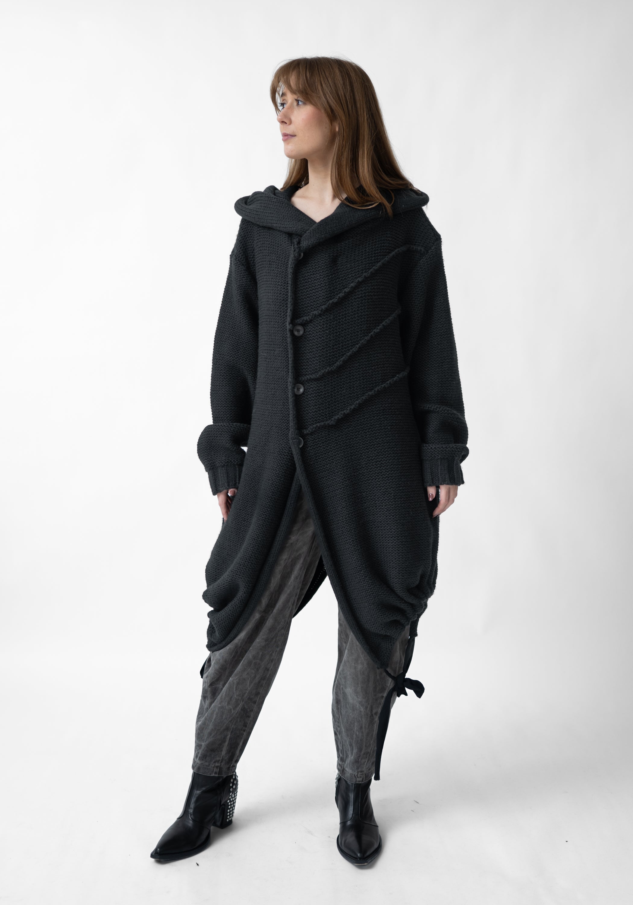 Oversized Hooded Long Knit Wool Blend Cardigan