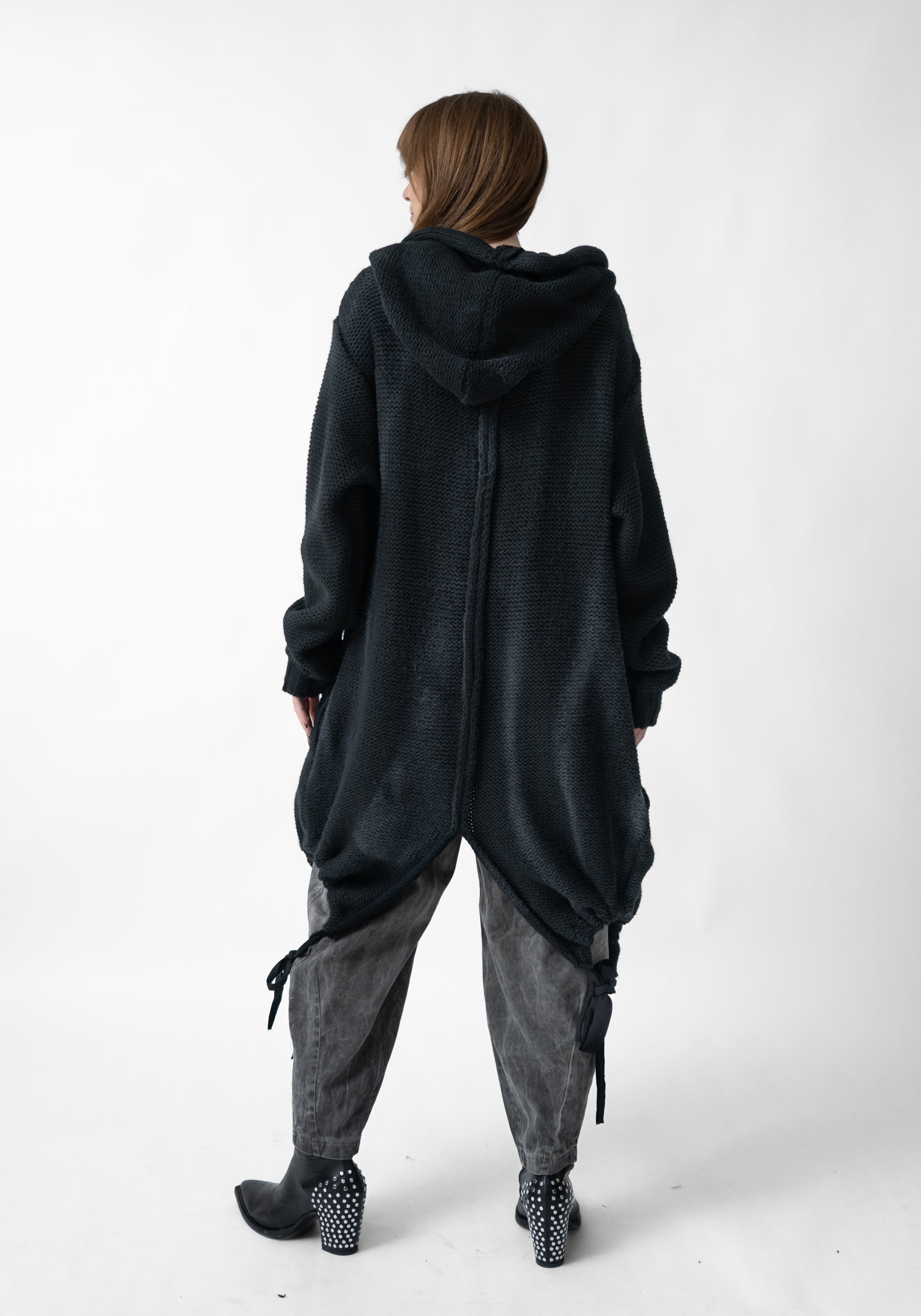 Oversized Hooded Long Sprayed Knit Wool Blend Cardigan