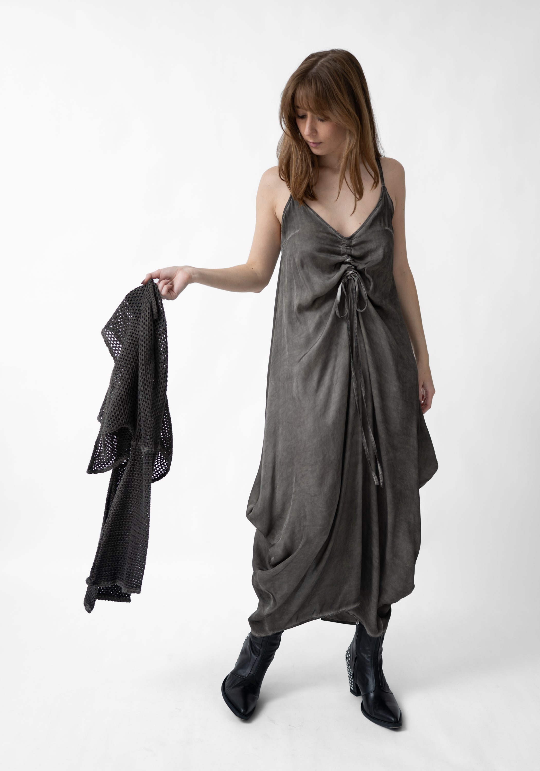 Strappy Satin Ruche Detail Maxi Dress and Open Knit Shrug