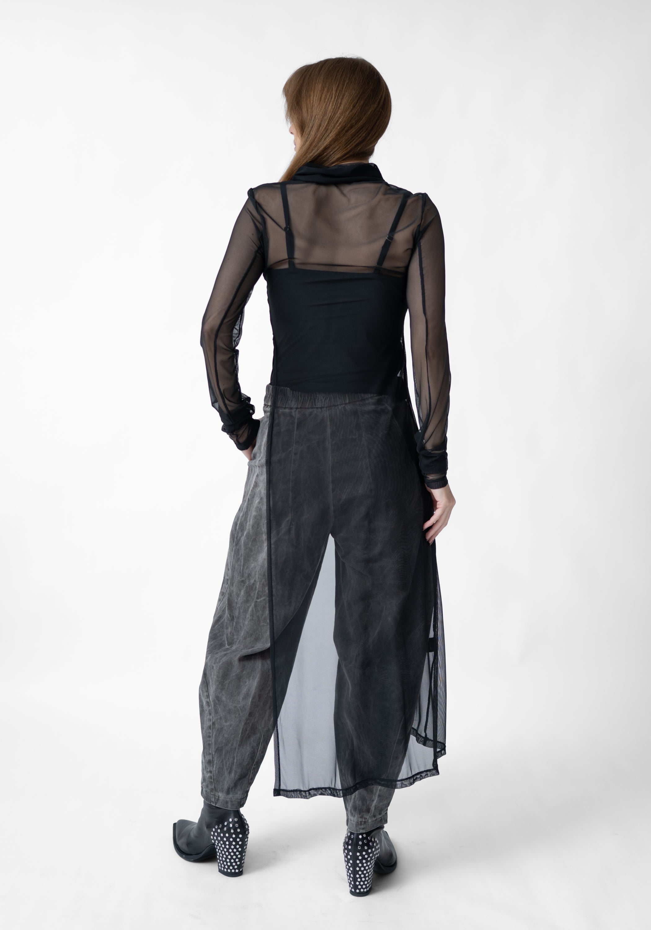 Asymmetric High Neck Sheer Mesh Tunic