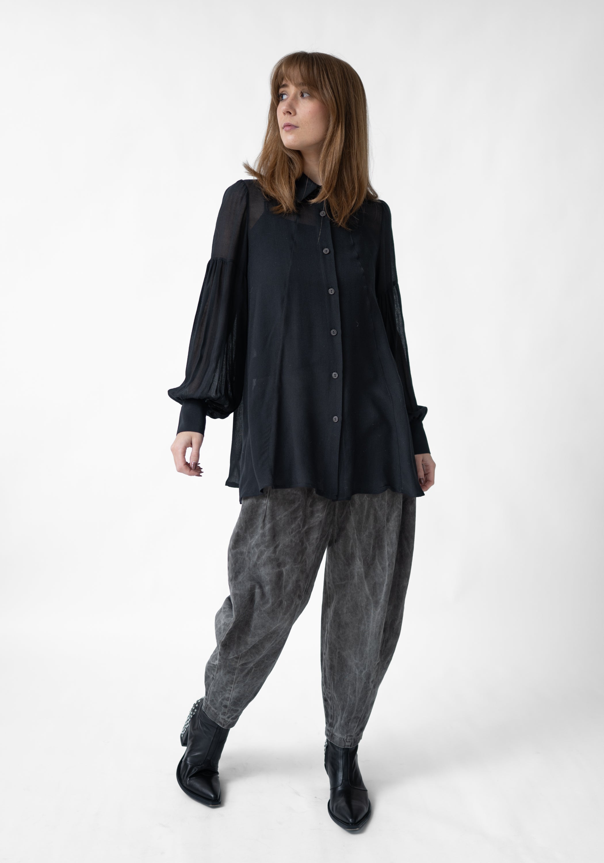 Semi-Sheer Puff Sleeve Wool Blend Blouse