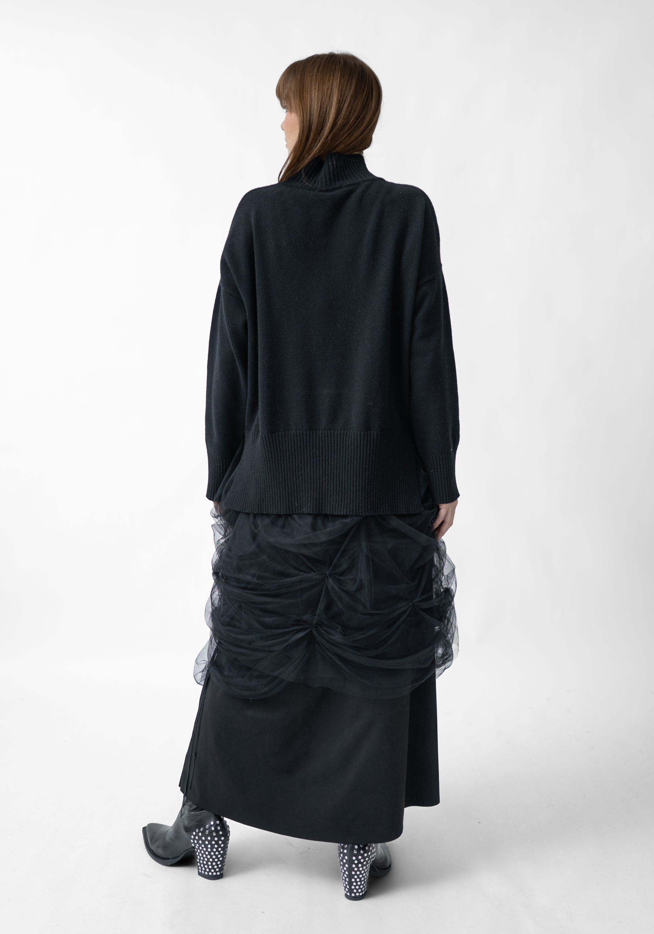 Lesath High Neck Cashmere and Wool Blend Sweater With Tulle