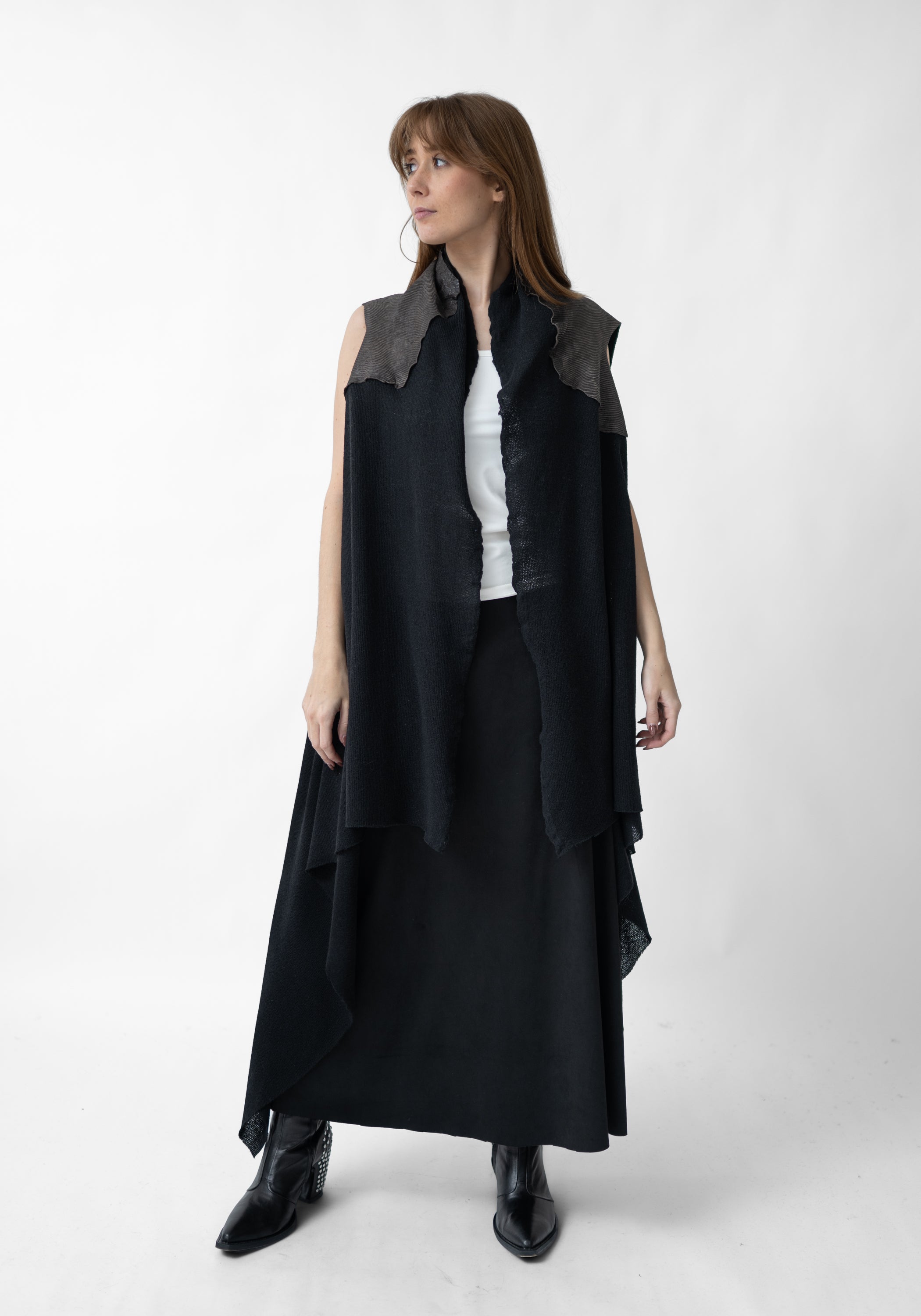Aliya Ribbed Laser Etched Leather and Wool Blend Vest