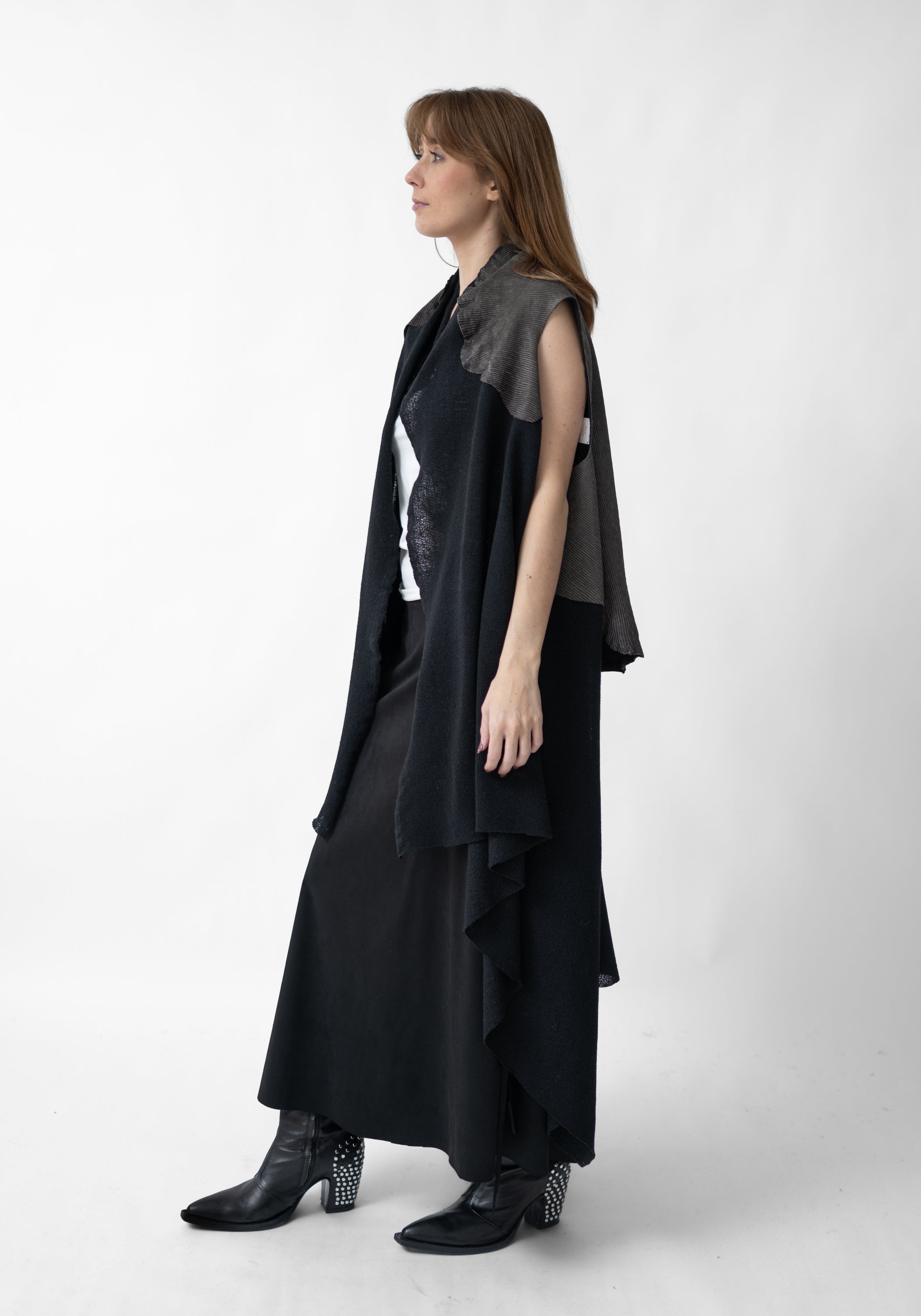 Aliya Ribbed Laser Etched Leather and Wool Blend Vest