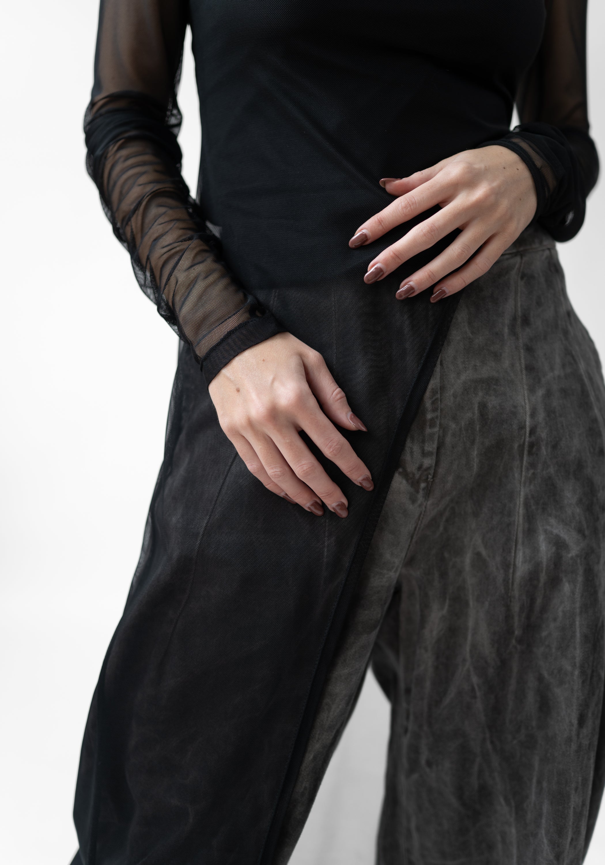 Asymmetric High Neck Sheer Mesh Tunic