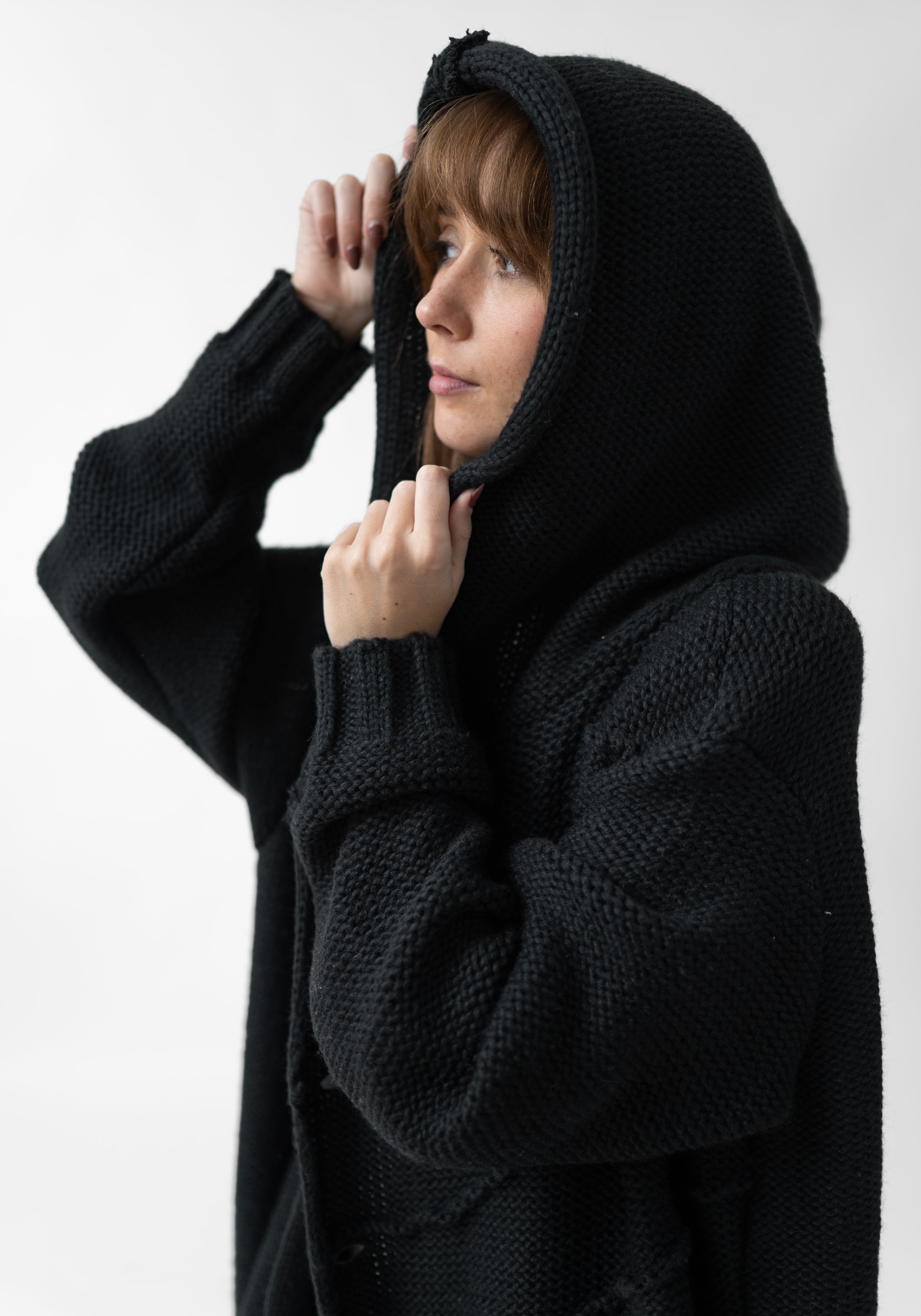 Oversized Hooded Long Knit Wool Blend Cardigan
