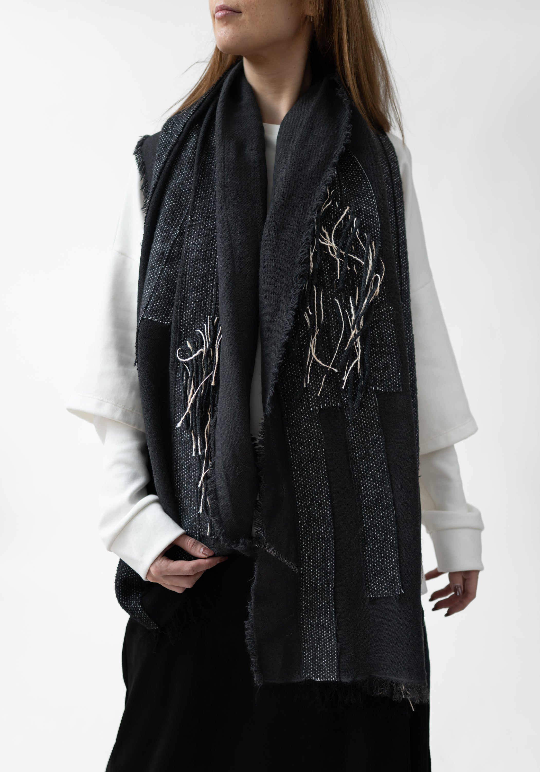 Gianfar Hand Stiched Black Wool Blend Scarf