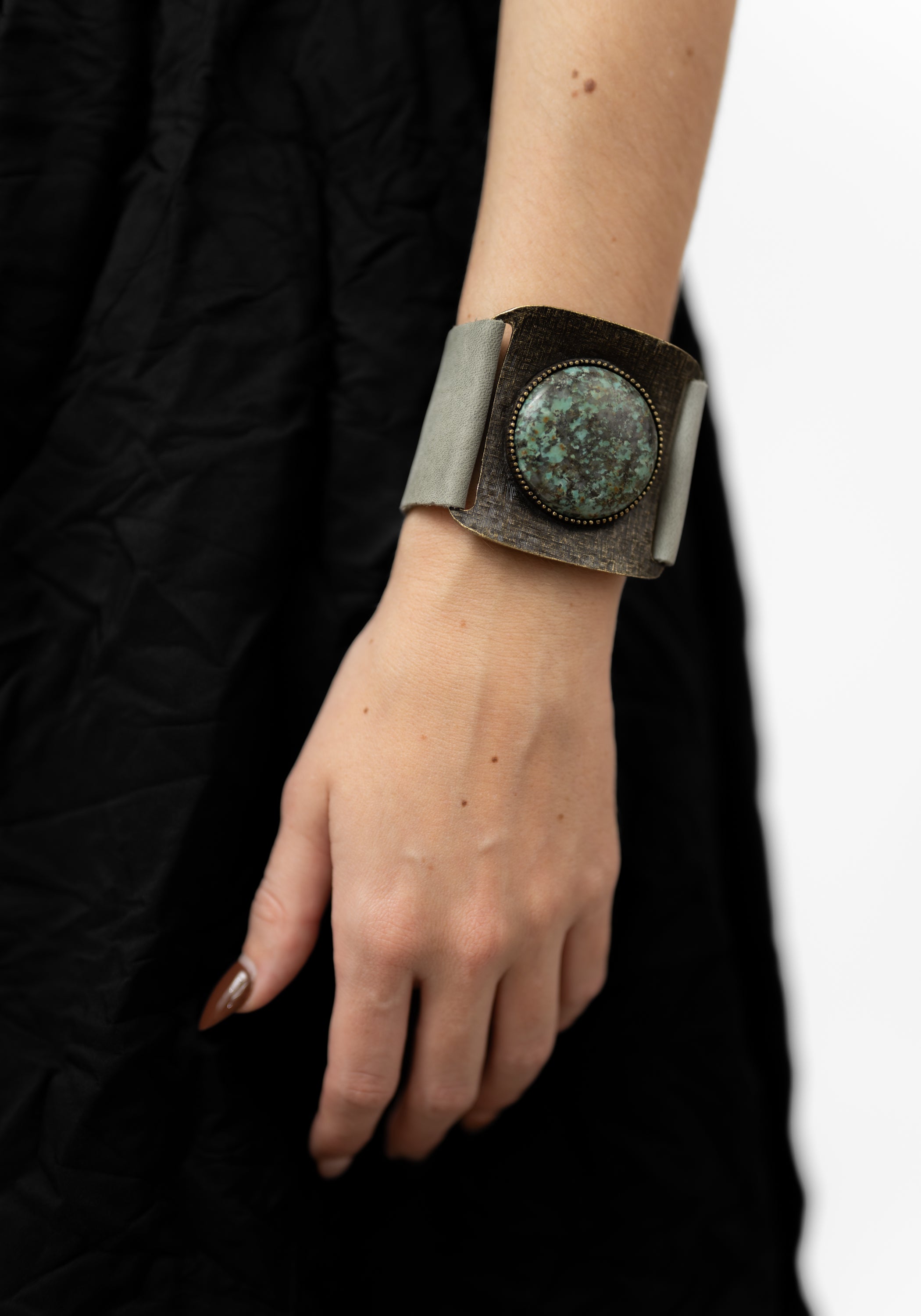 Grey Leather African Turquoise Buckle Cuff