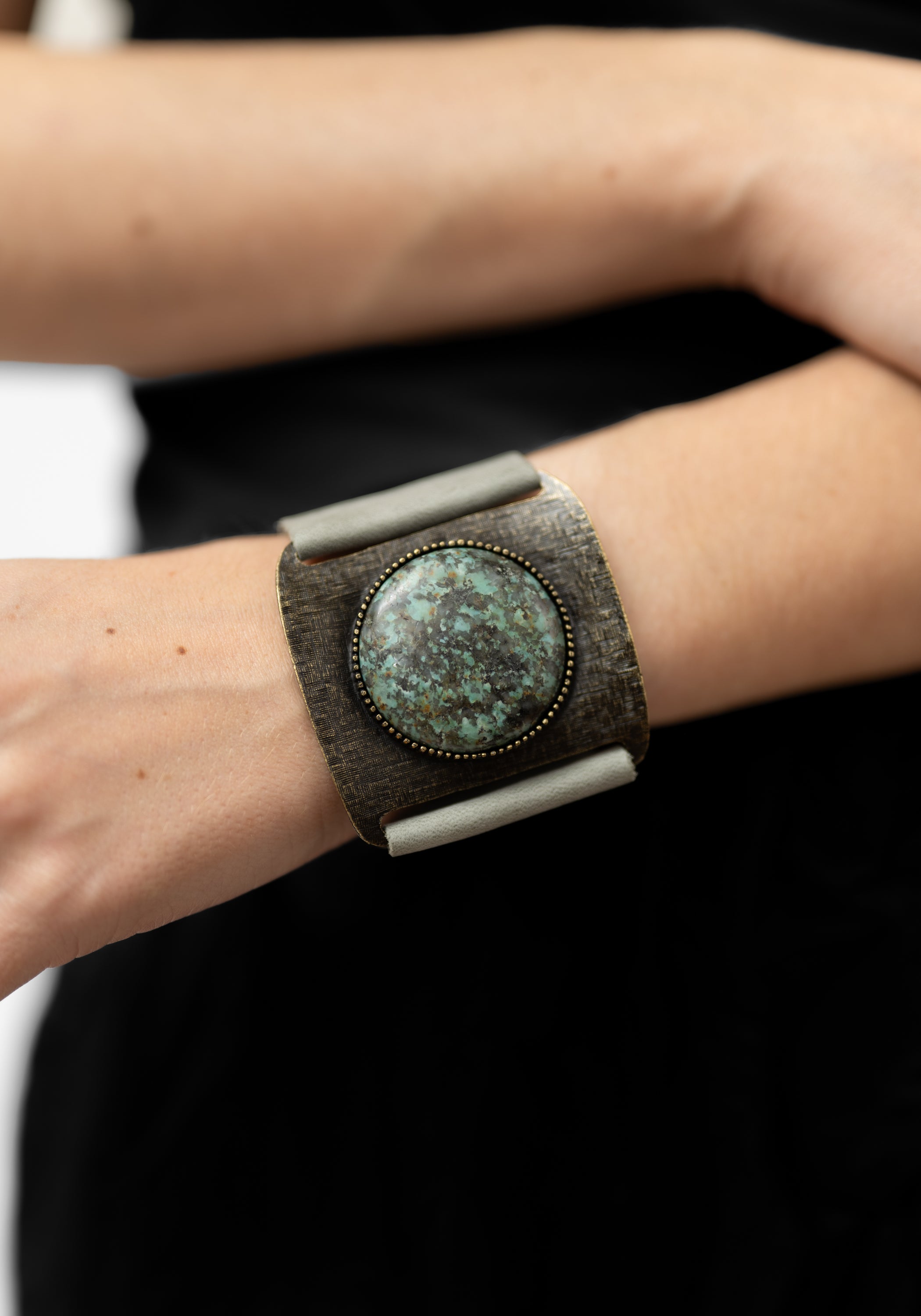 Grey Leather African Turquoise Buckle Cuff