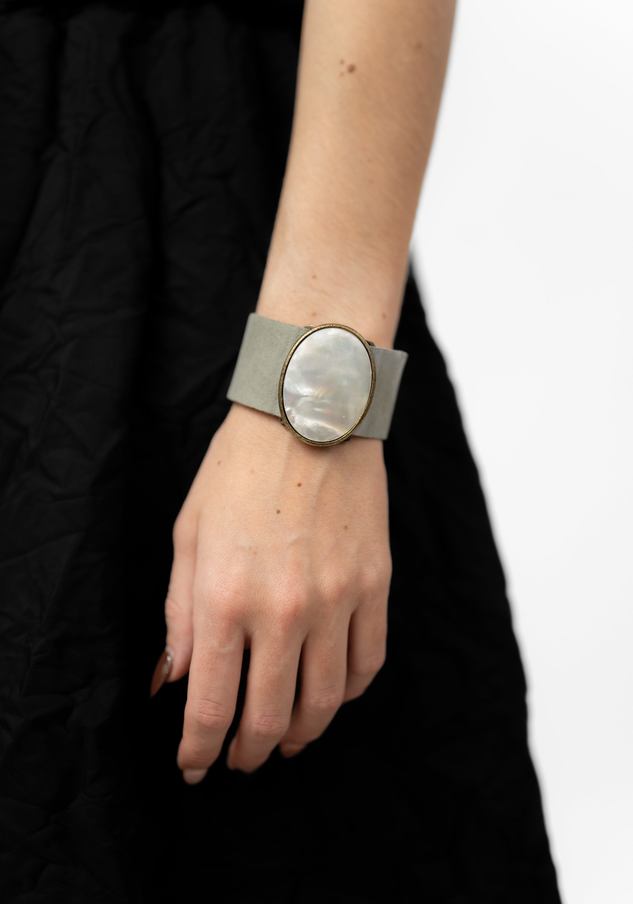 Grey Leather Light Mother Of Pearl Buckle Cuff - December Thieves
