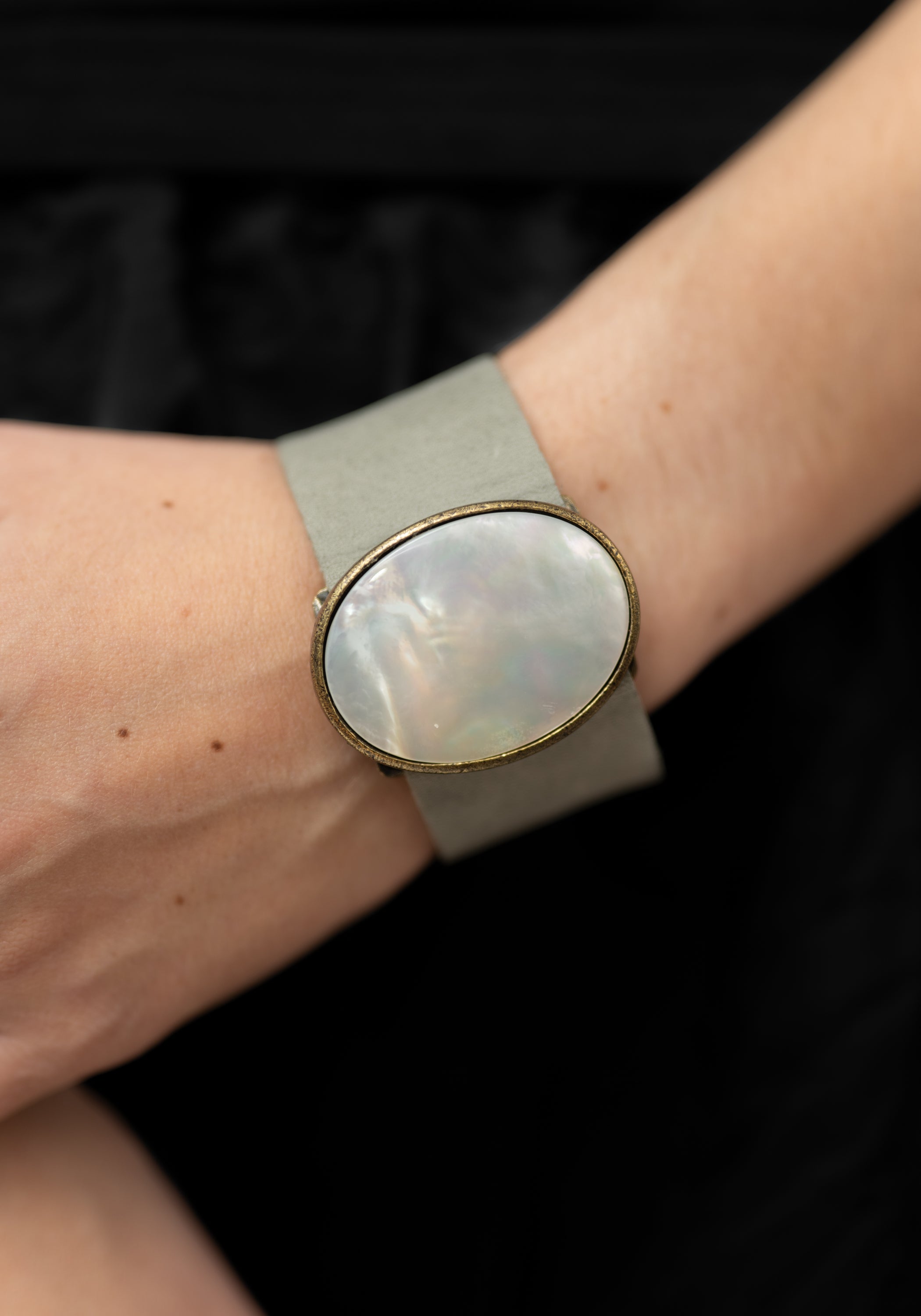 Grey Leather Light Mother Of Pearl Buckle Cuff - December Thieves
