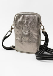 Platinum Leather Scarab Embossed Cross Body Bag