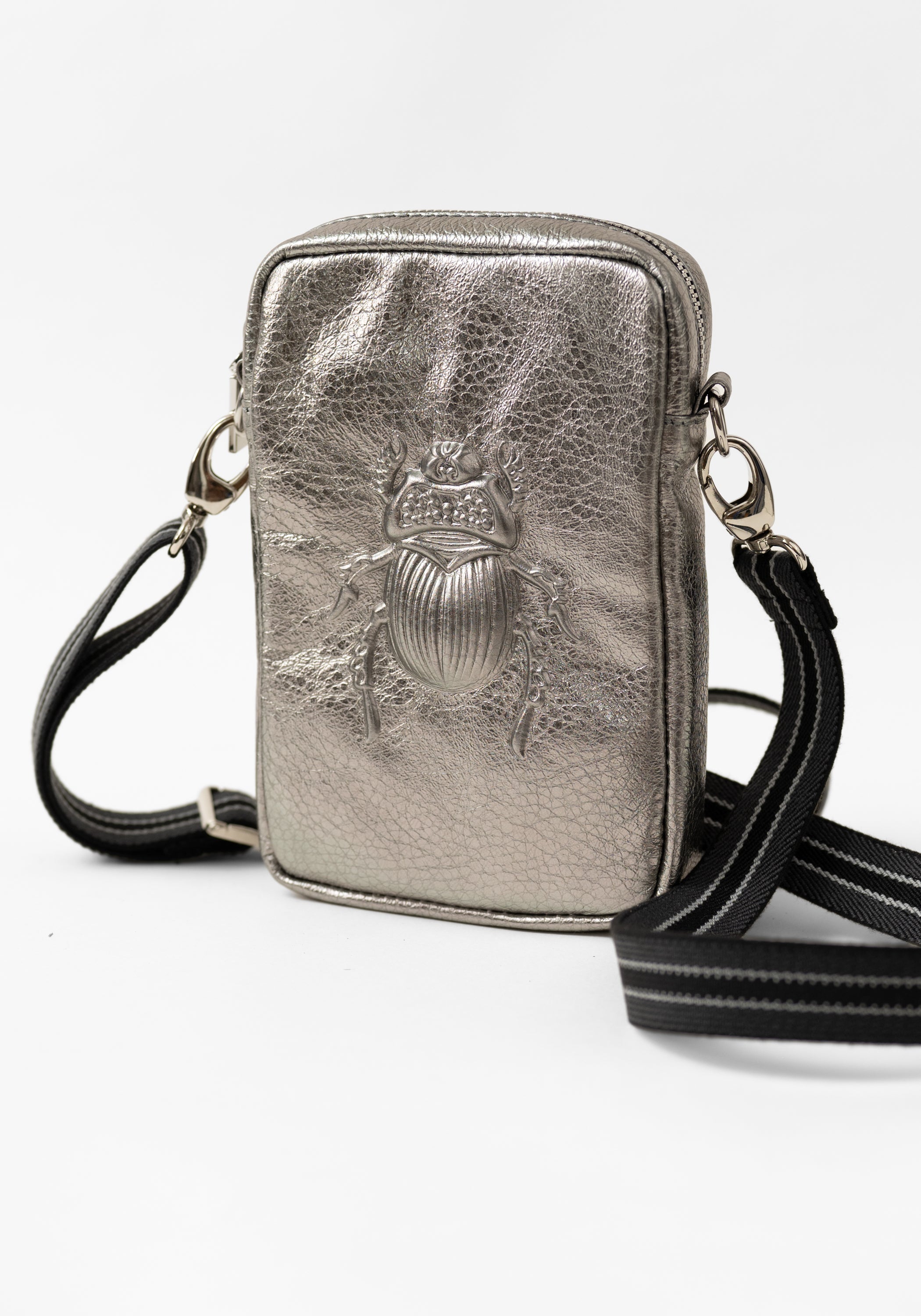 Platinum Leather Scarab Embossed Cross Body Bag