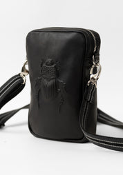 Black Leather Scarab Embossed Cross Body Bag