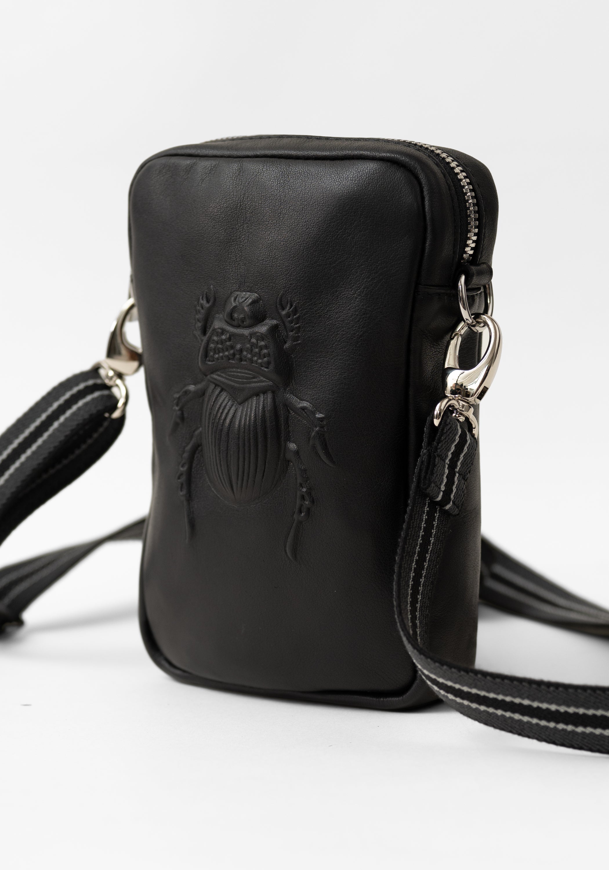 Black Leather Scarab Embossed Cross Body Bag