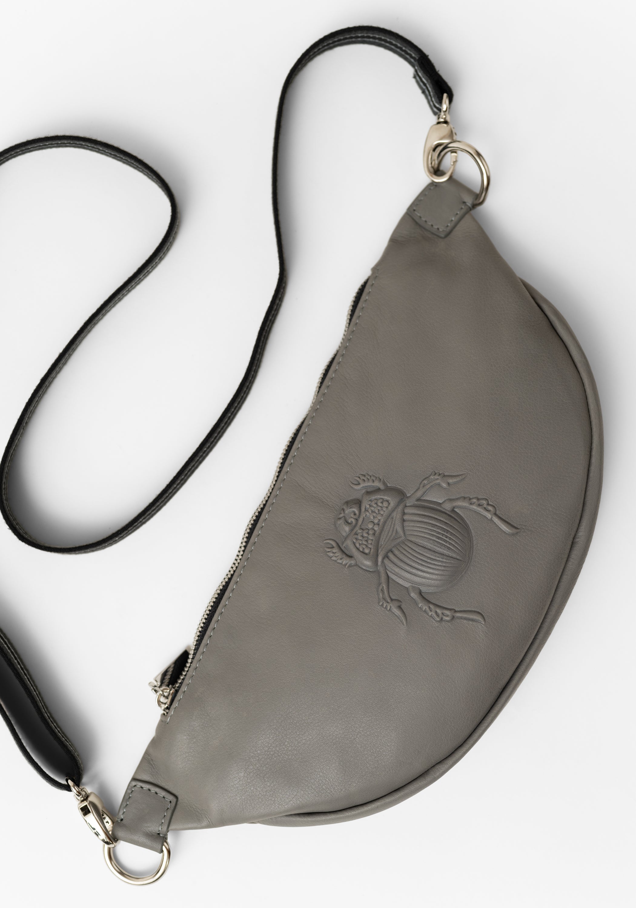 Steel Grey Leather Scarab Embossed Belt Bag
