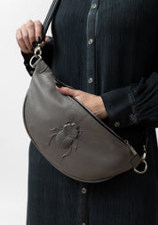 Steel Grey Leather Scarab Embossed Belt Bag