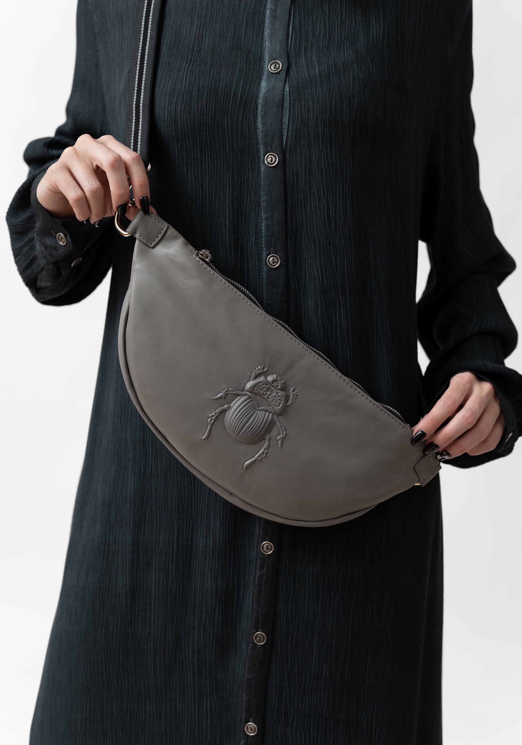 Steel Grey Leather Scarab Embossed Belt Bag
