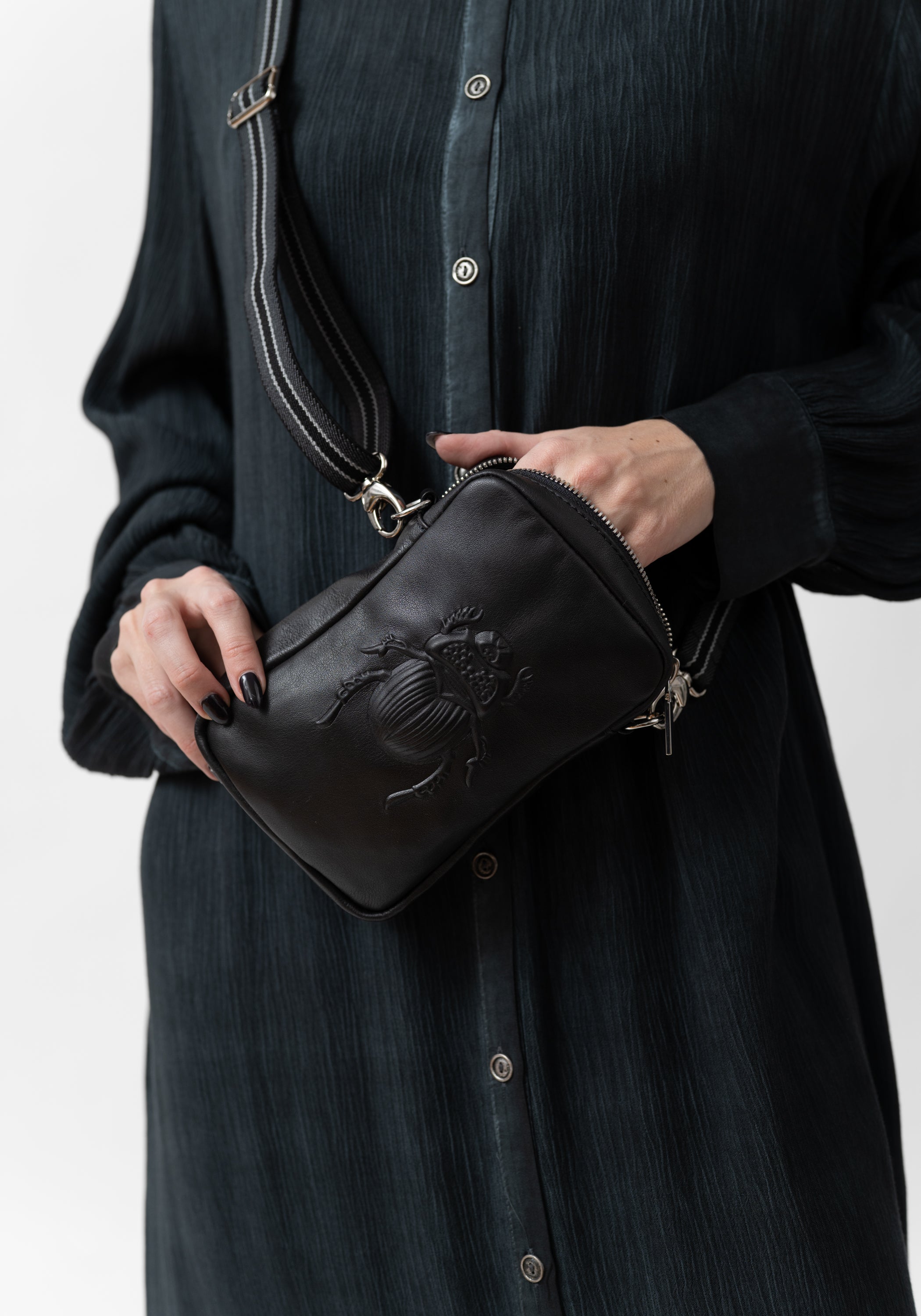 Black Leather Scarab Embossed Cross Body Bag