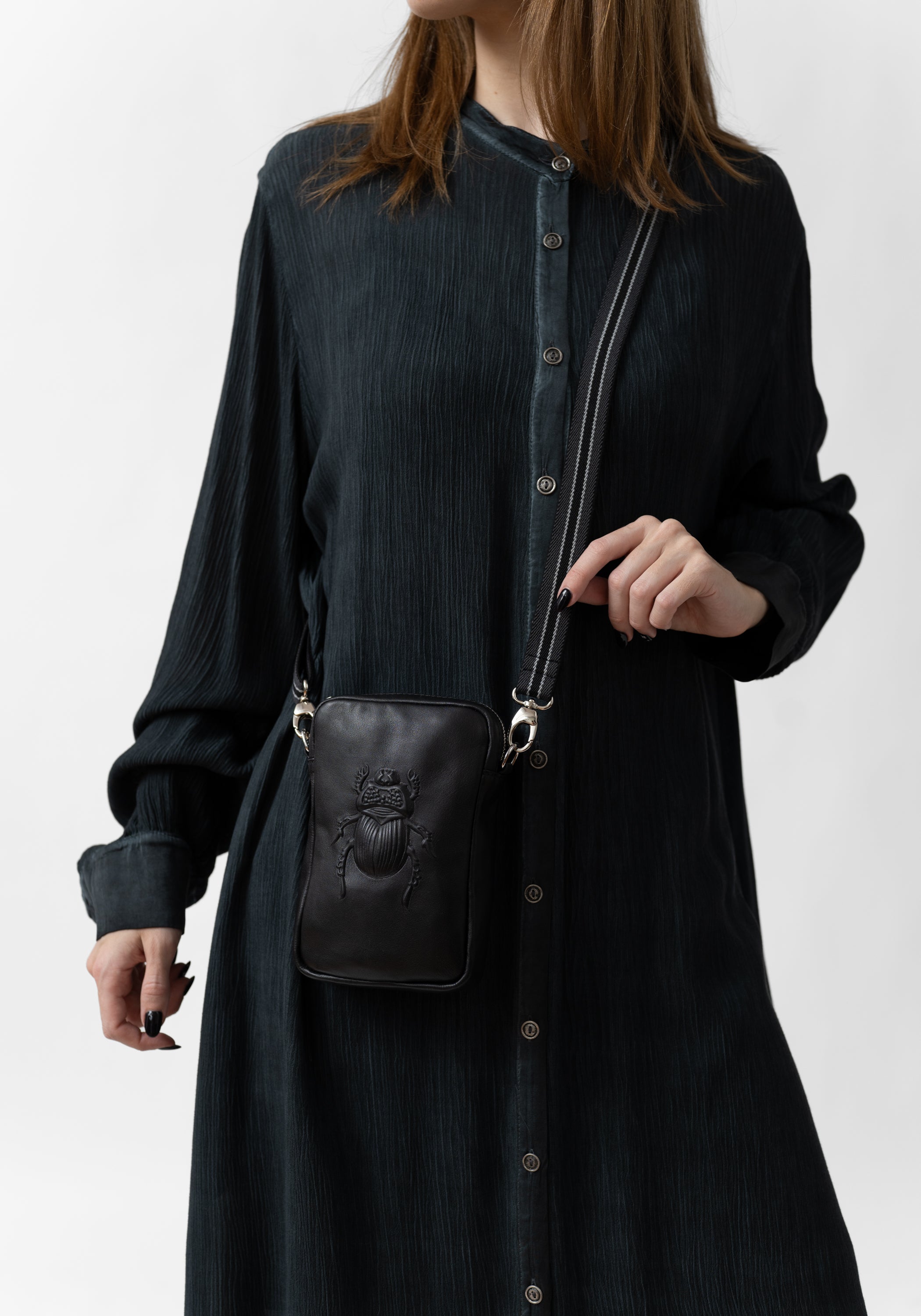 Black Leather Scarab Embossed Cross Body Bag
