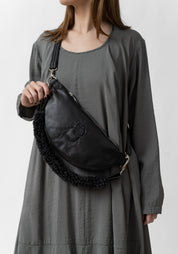 Black Leather Belt Bag and Anthracite Shearling Bag Strap