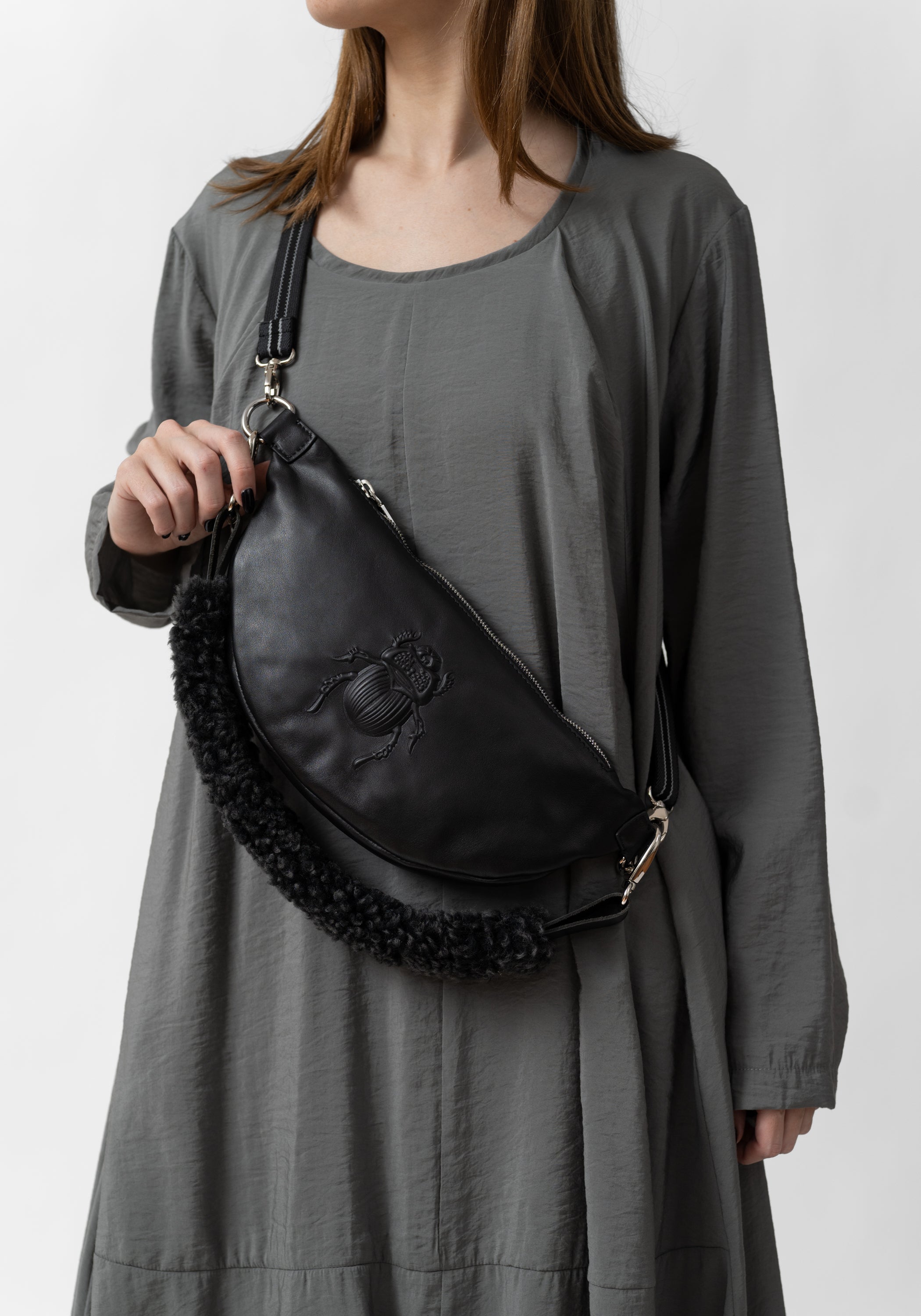 Black Leather Belt Bag and Anthracite Shearling Bag Strap
