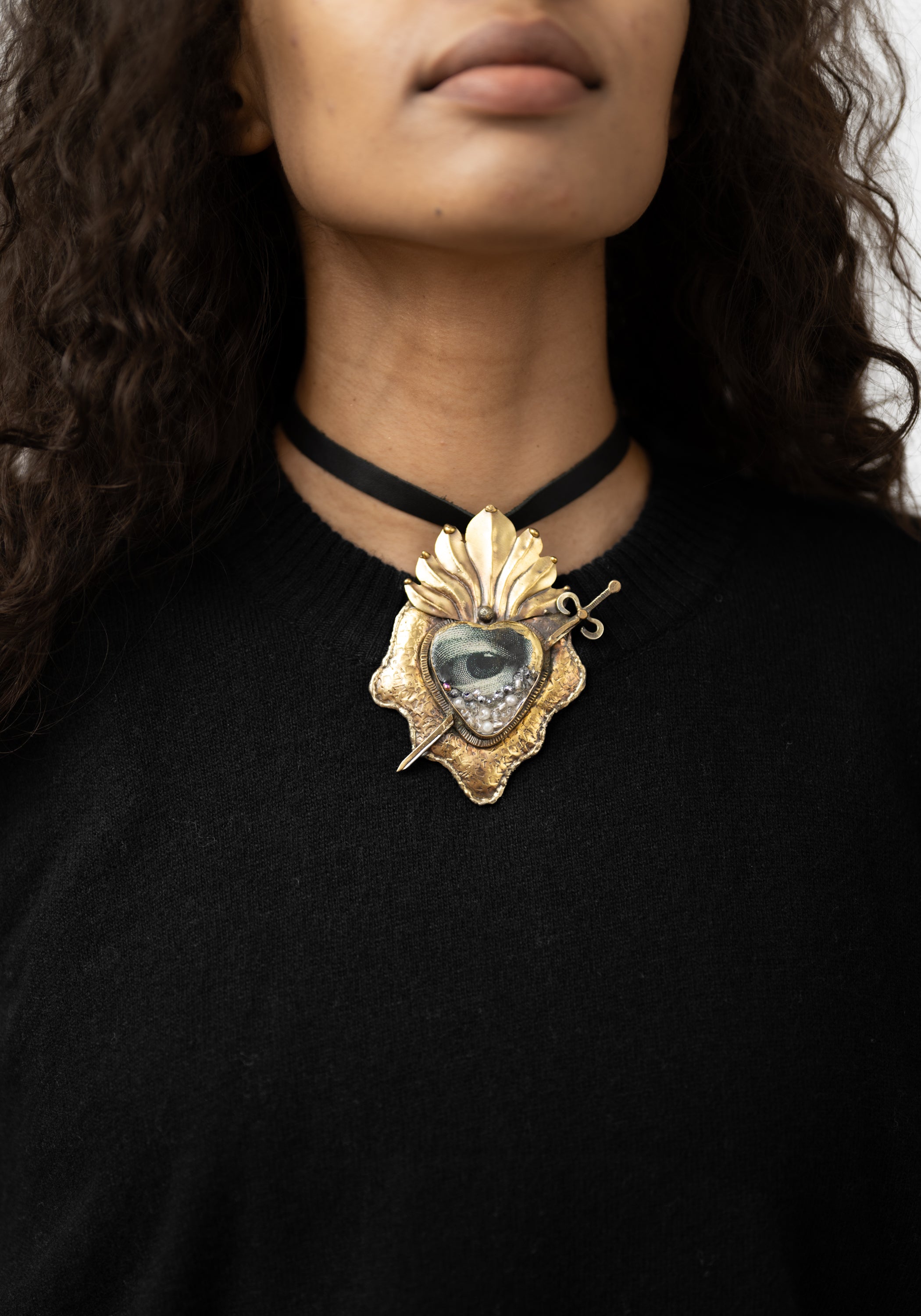 Encrusted Heart, Sword and Eye Necklace