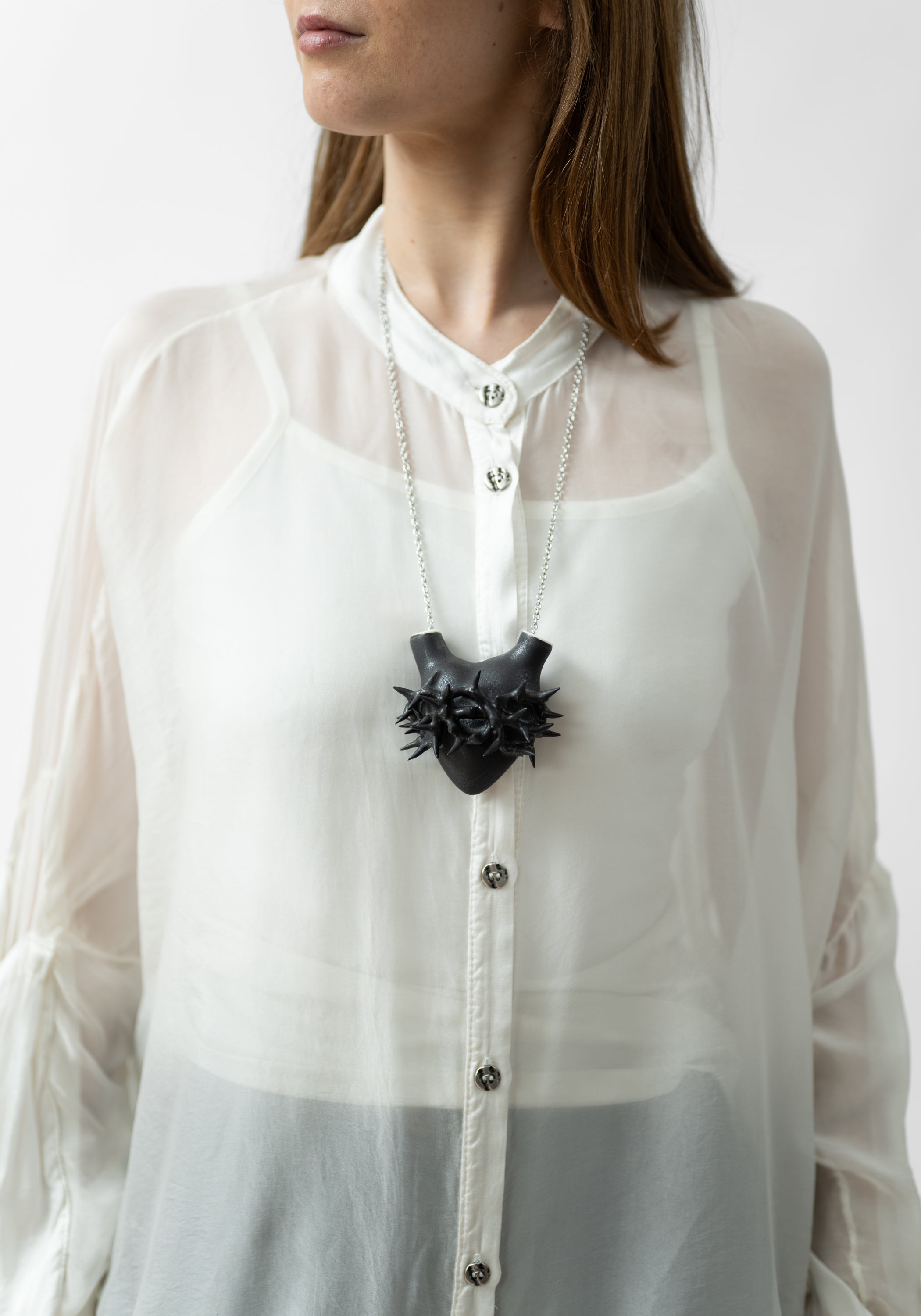 Large Black Spinae Porcelain Anatomical Heart Necklace