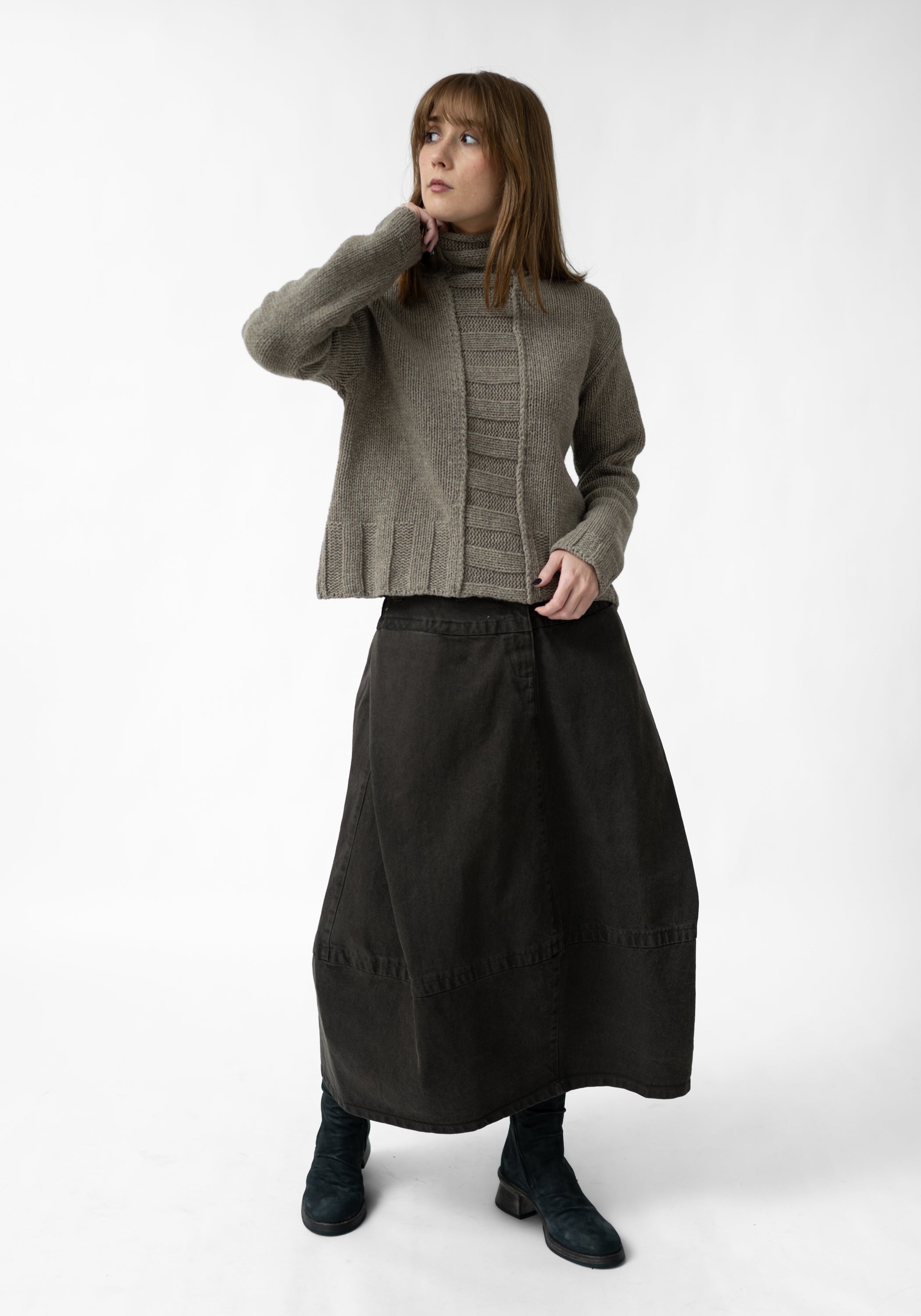 Rib Detail High Neck Wool Blend Knit Pullover