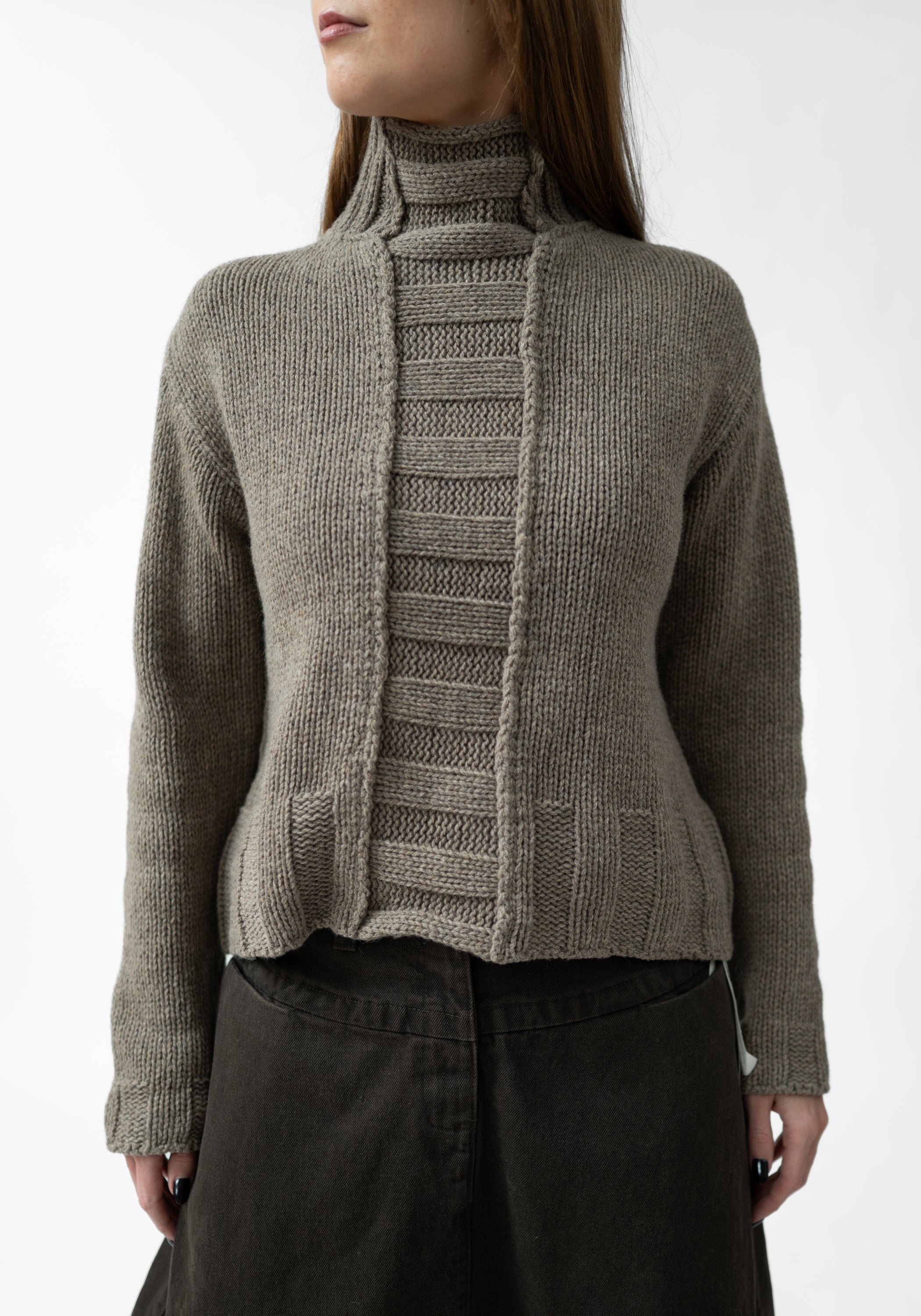 Rib Detail High Neck Wool Blend Knit Pullover