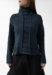 Rib Detail High Neck Wool Blend Knit Pullover