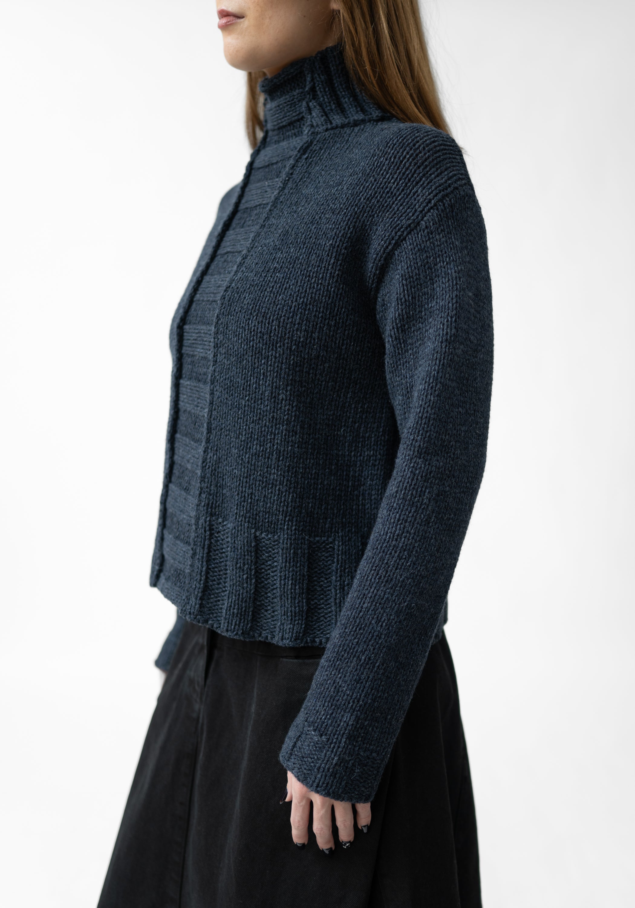 Rib Detail High Neck Wool Blend Knit Pullover