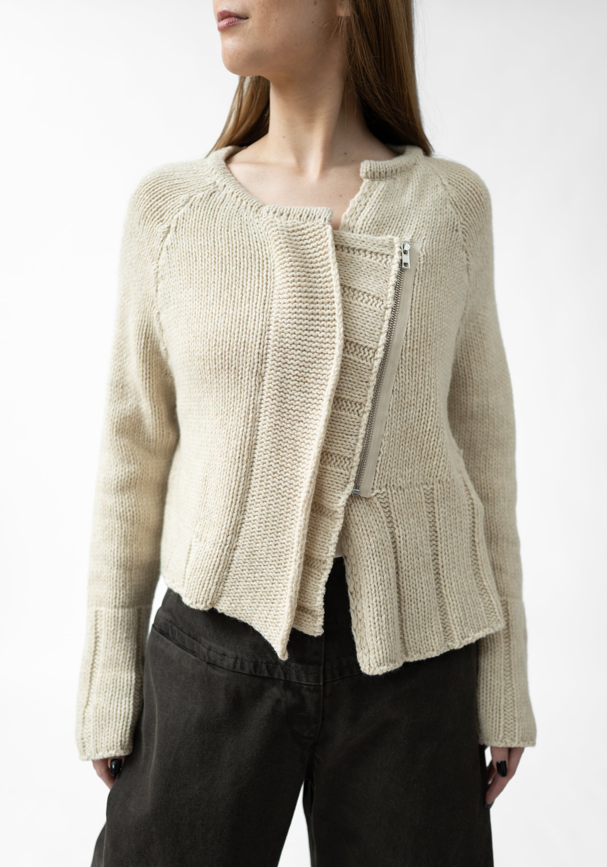 Asymmetric Zip Front Wool Blend Knit Cardigan