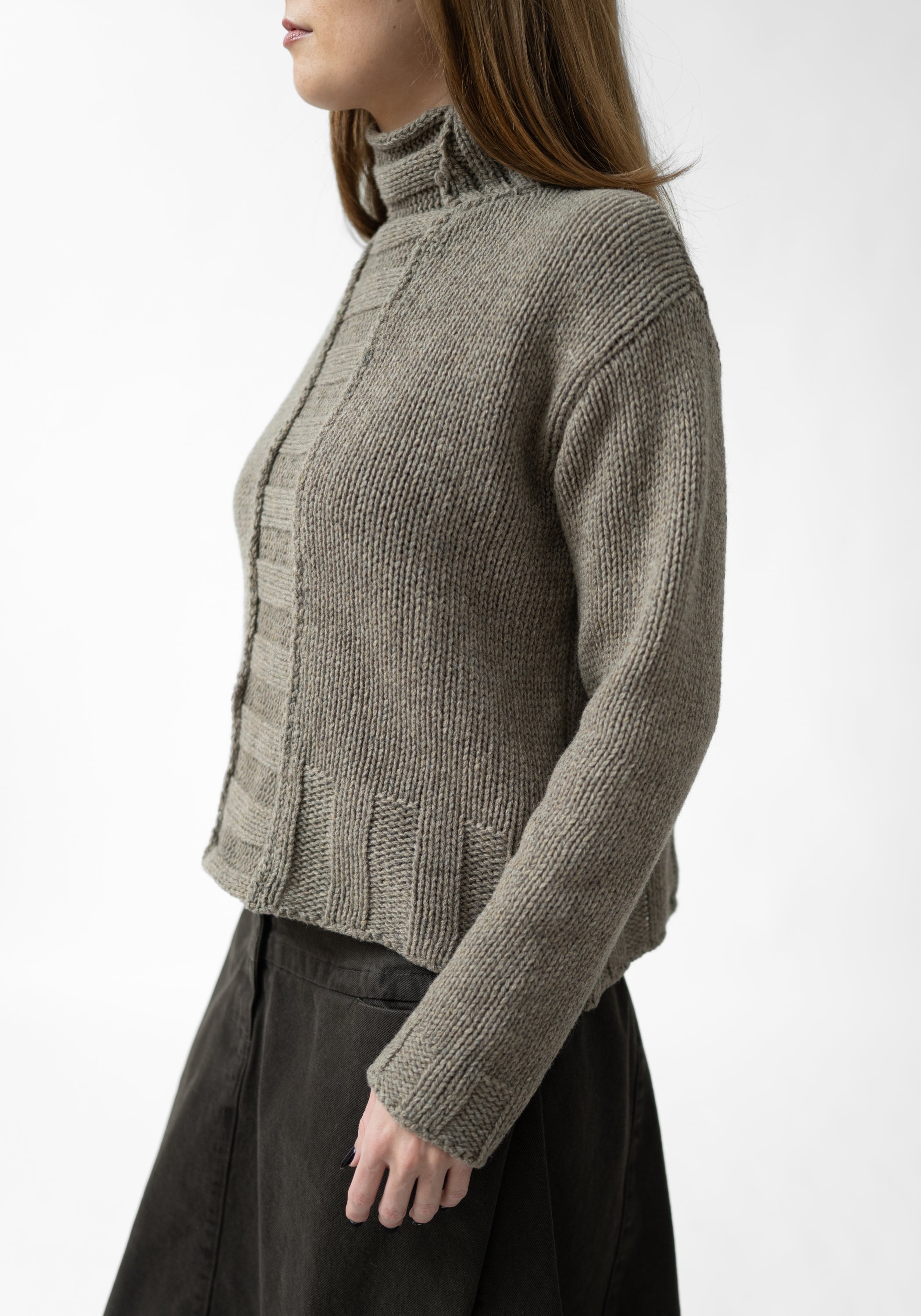 Rib Detail High Neck Wool Blend Knit Pullover