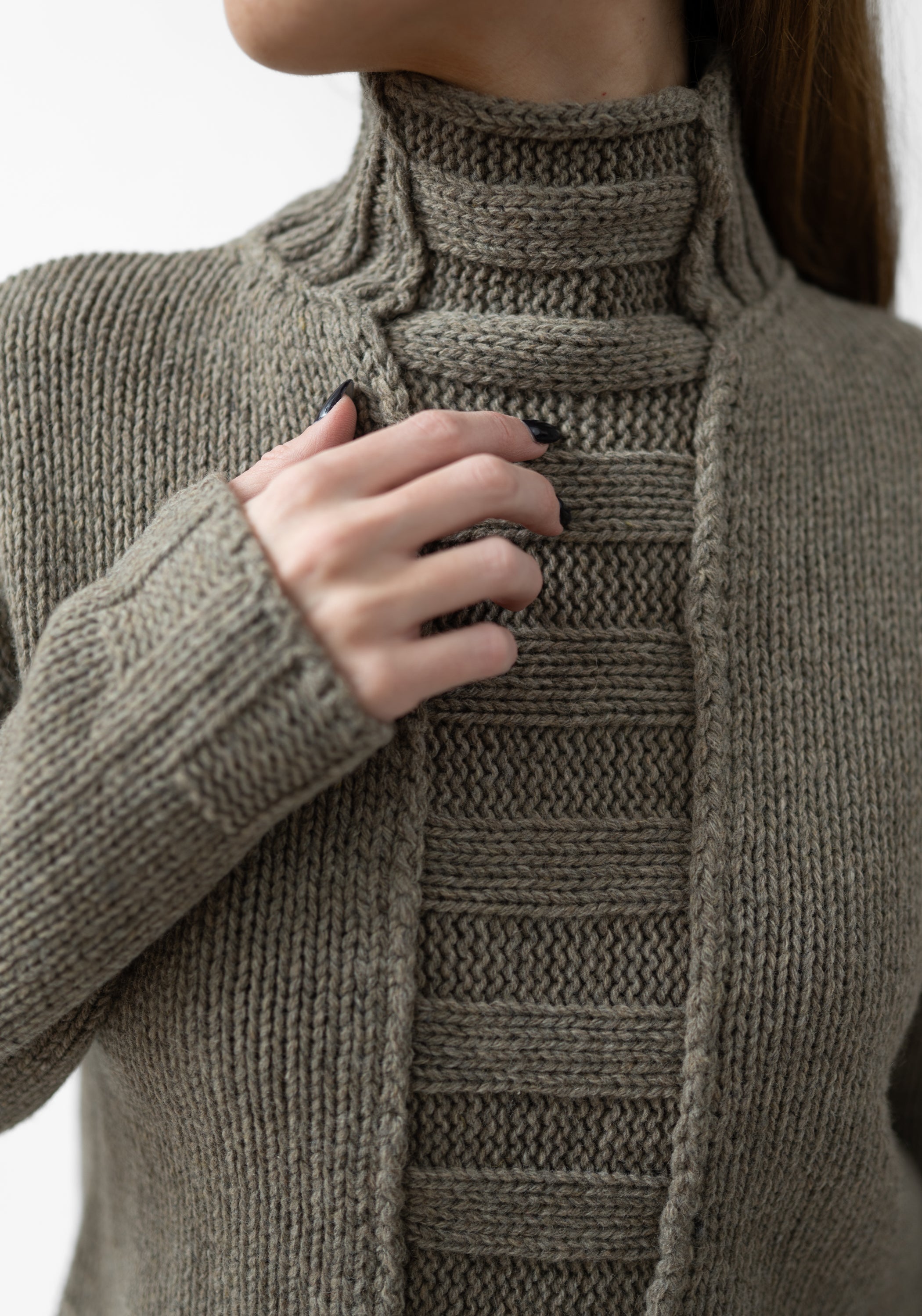 Rib Detail High Neck Wool Blend Knit Pullover