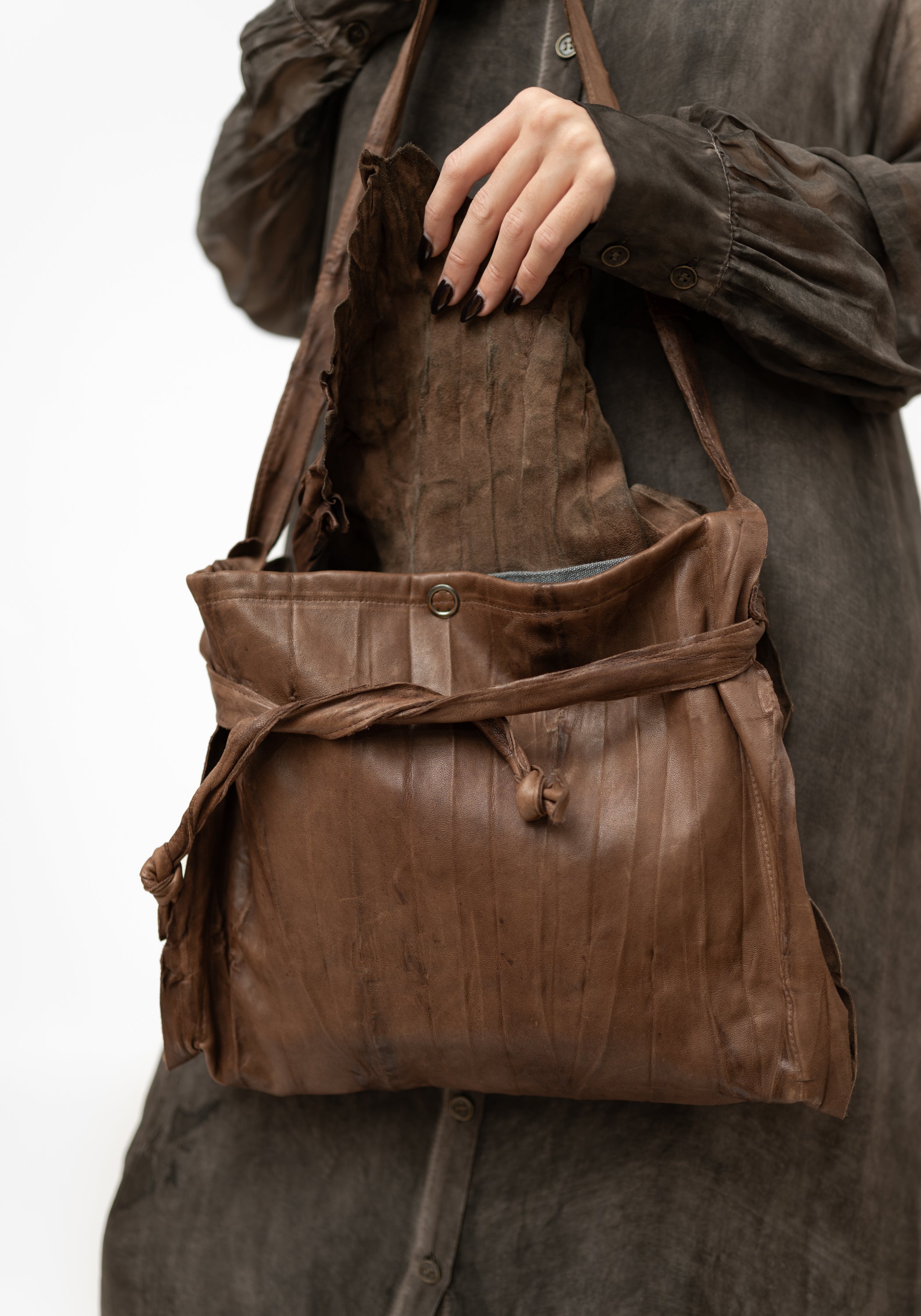 Asymmetric Raw Edge Brown Leather Bag - December Thieves