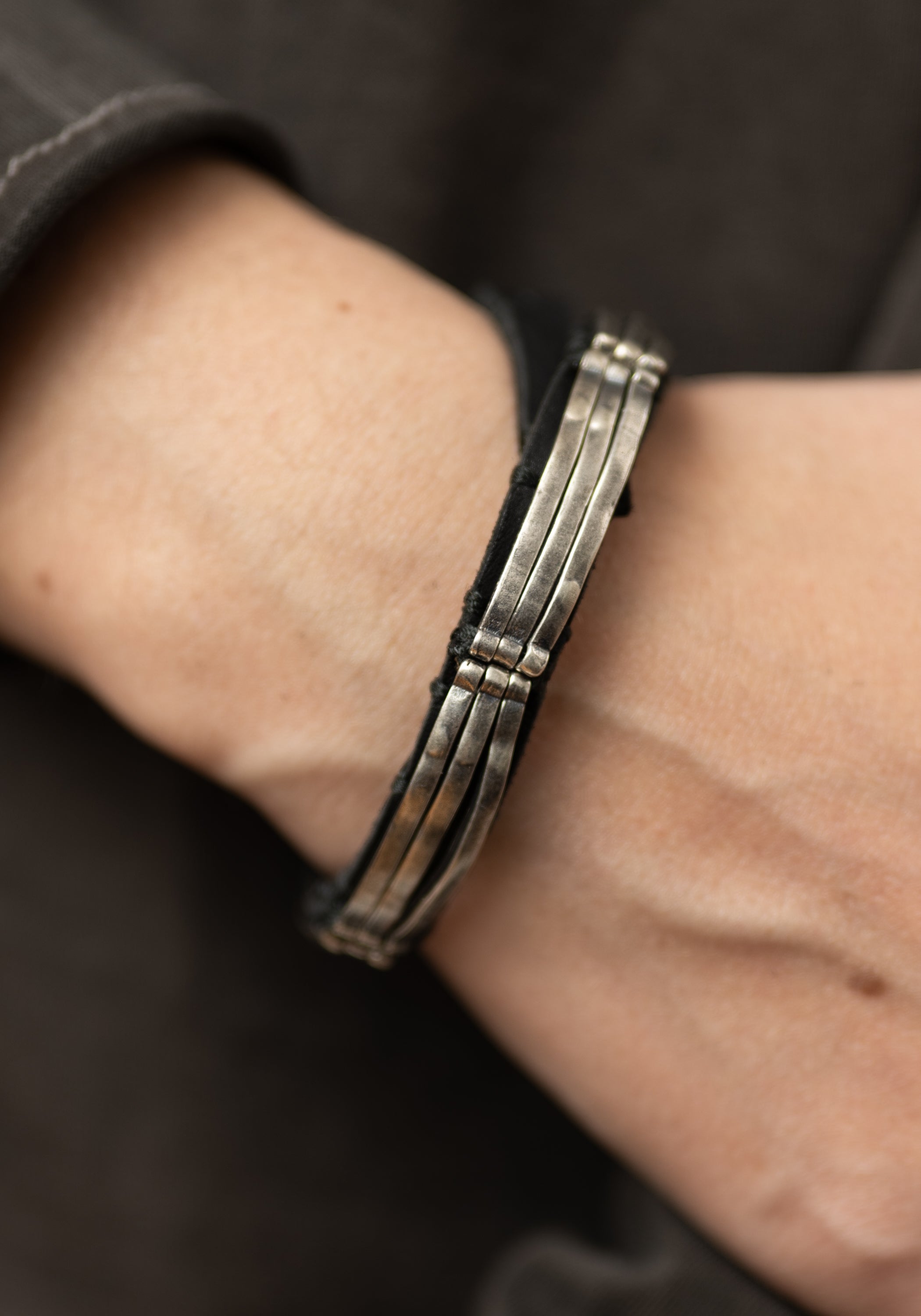Leather Triple Long Sterling Bars Bracelet