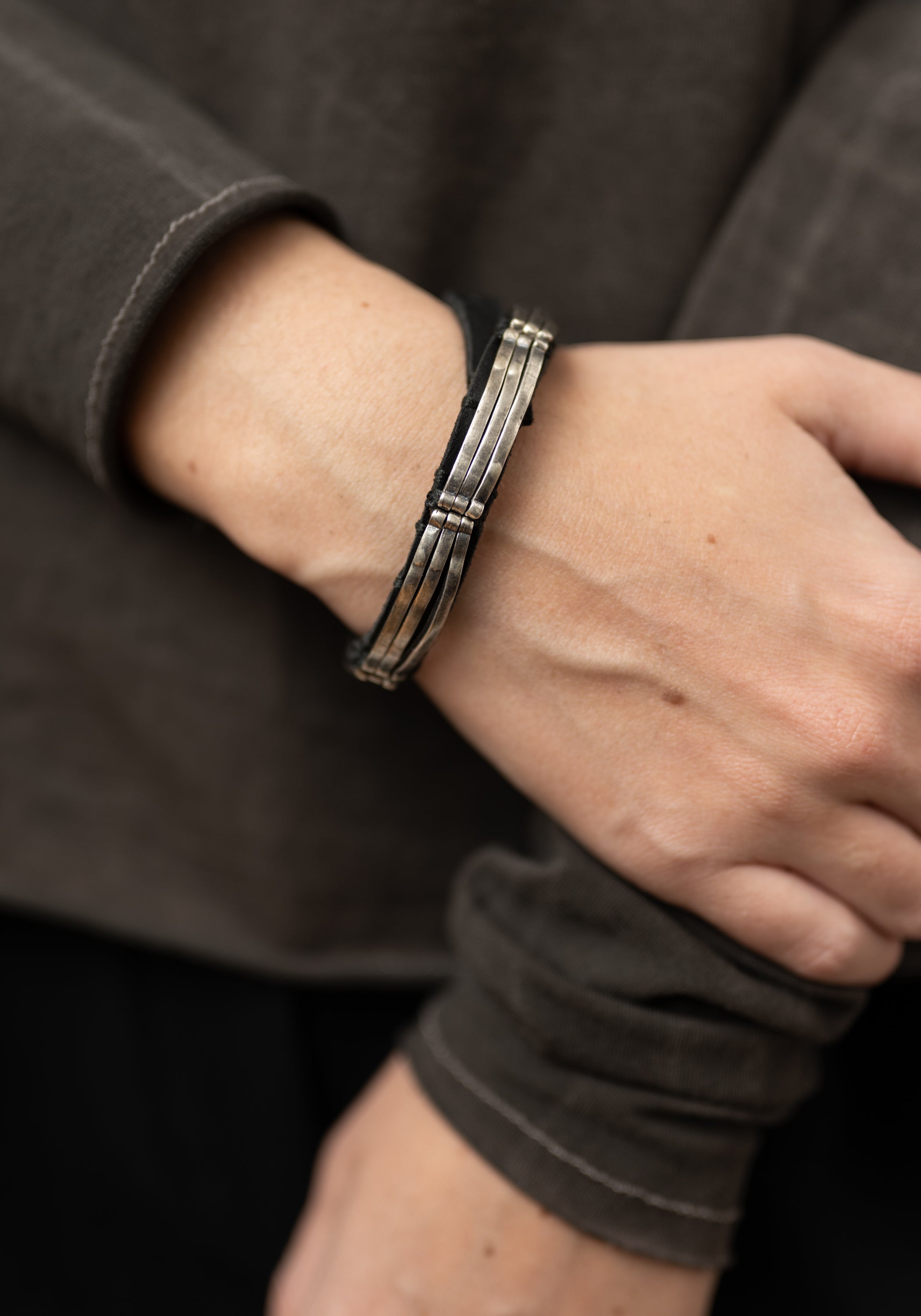 Leather Triple Long Sterling Bars Bracelet