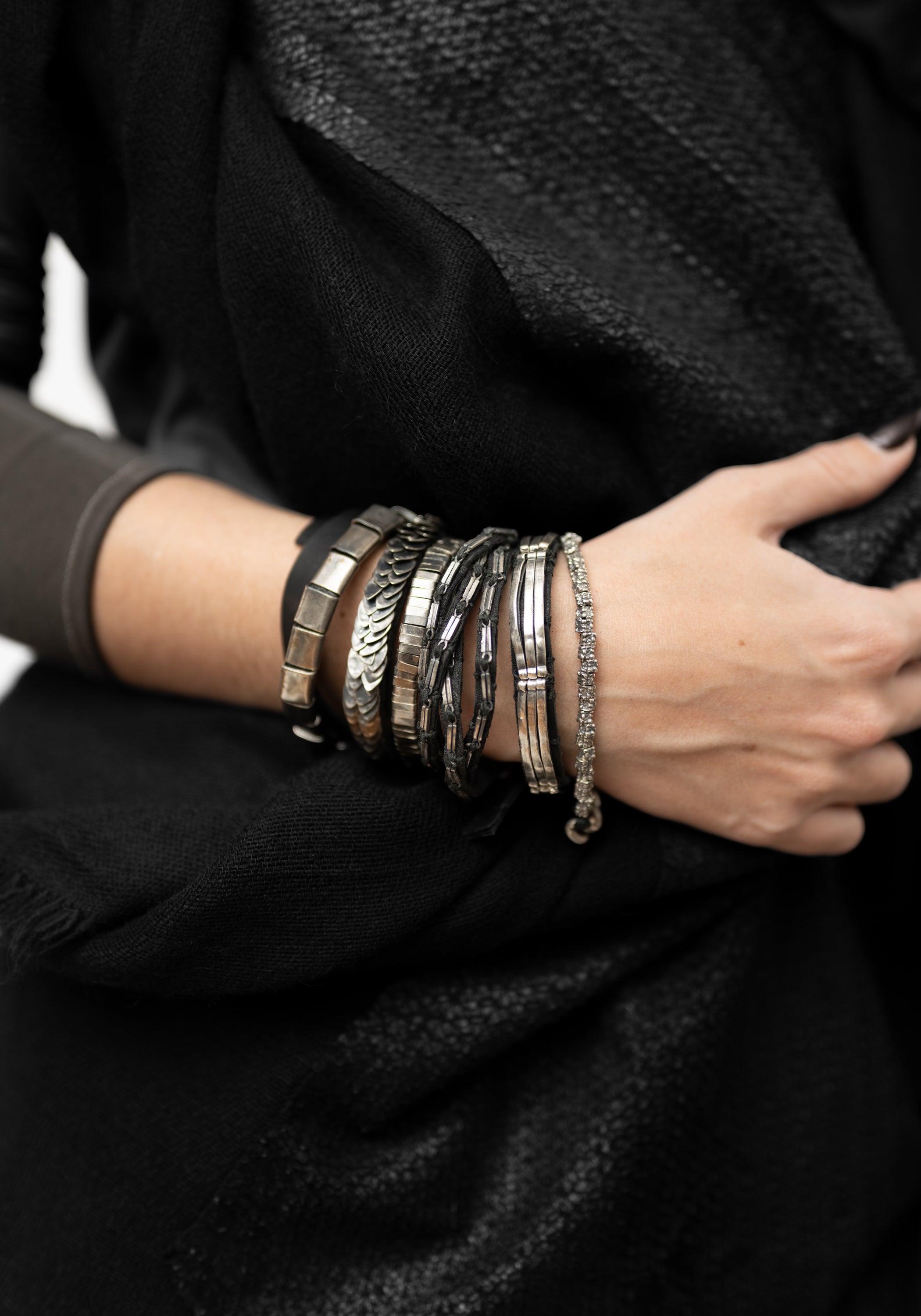 Leather Triple Long Sterling Bars Bracelet