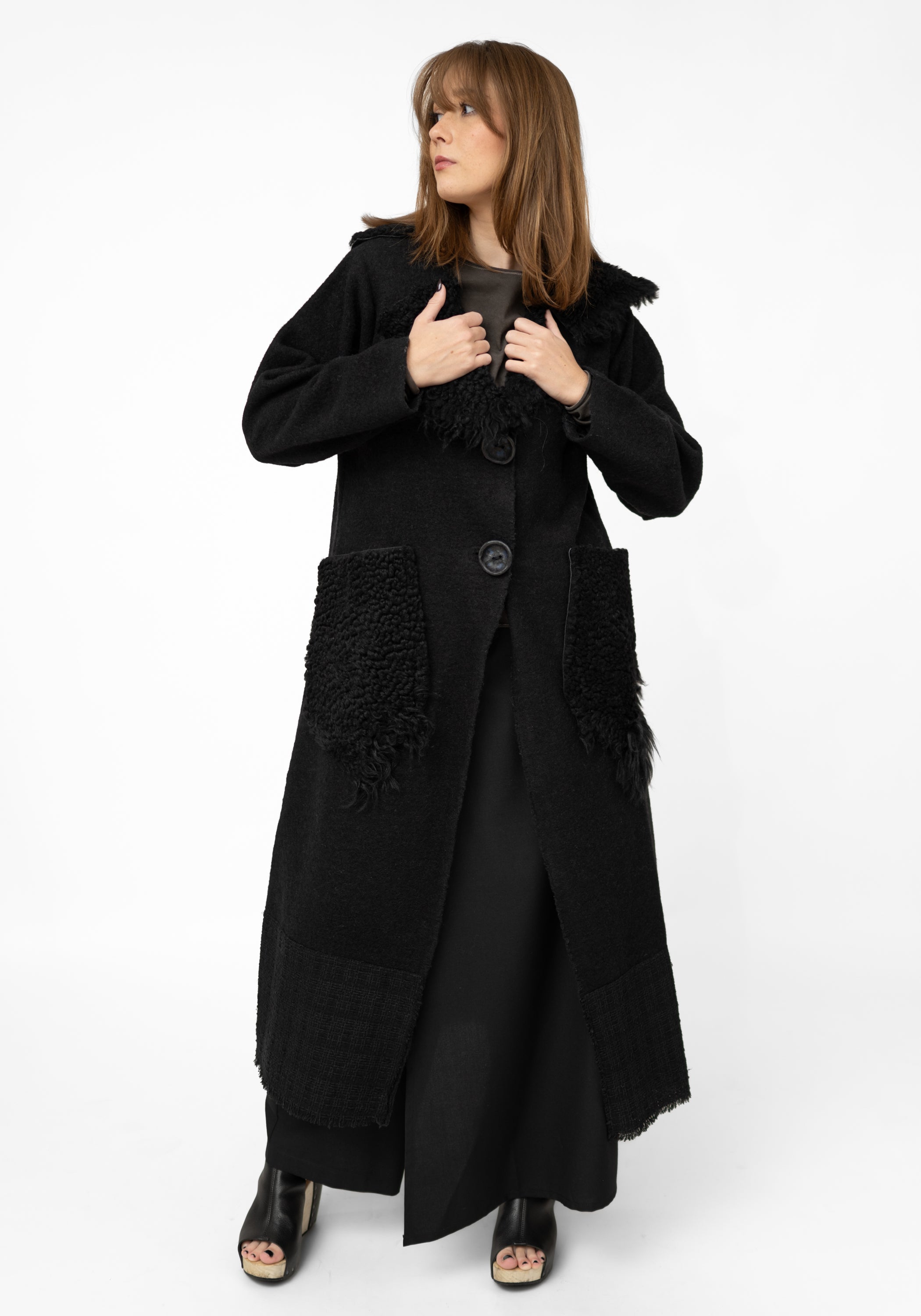 Asymmetric Shearling Detail Wool Maxi Jacket - December Thieves