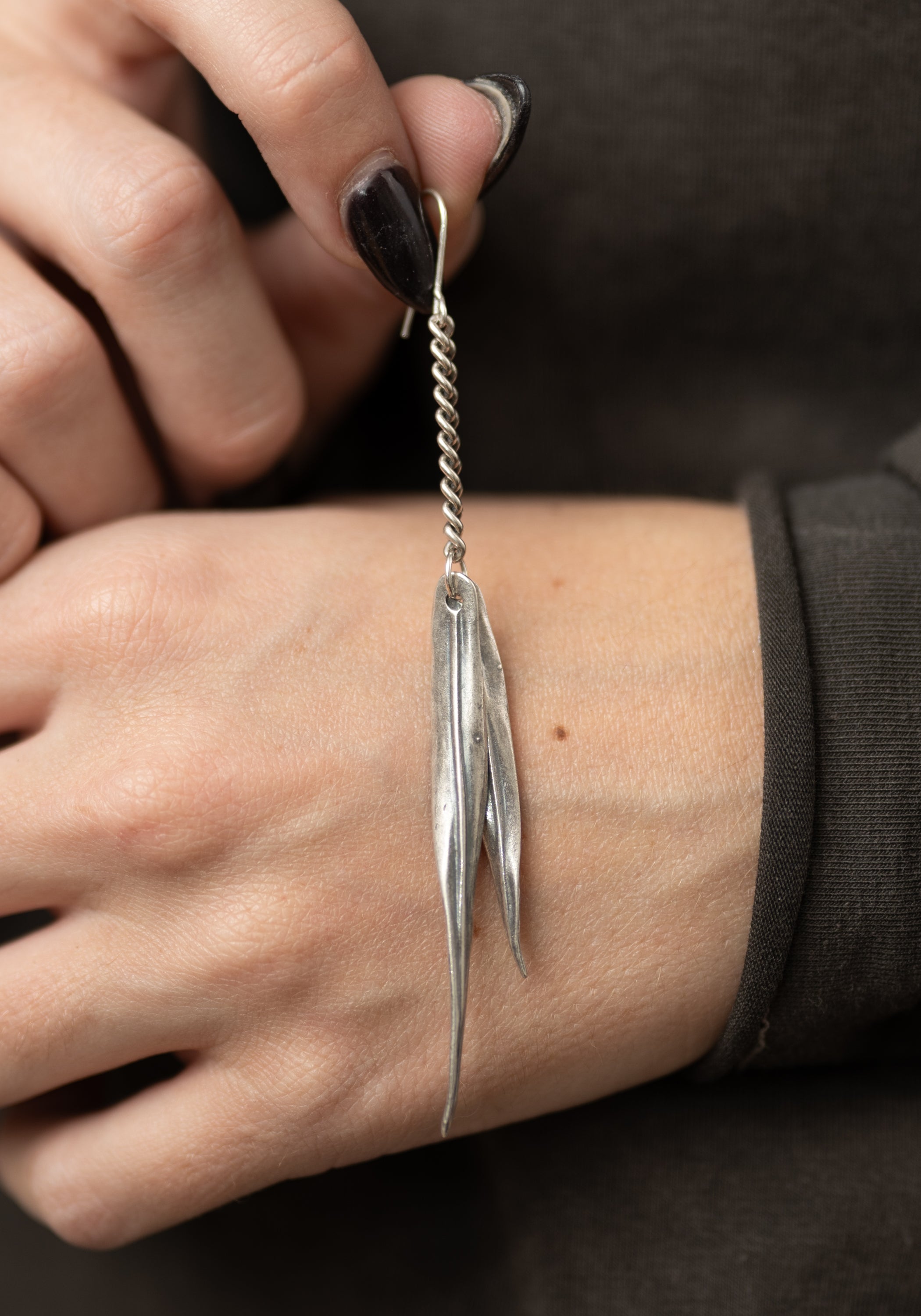 Single Sterling Chain Leaves Earring