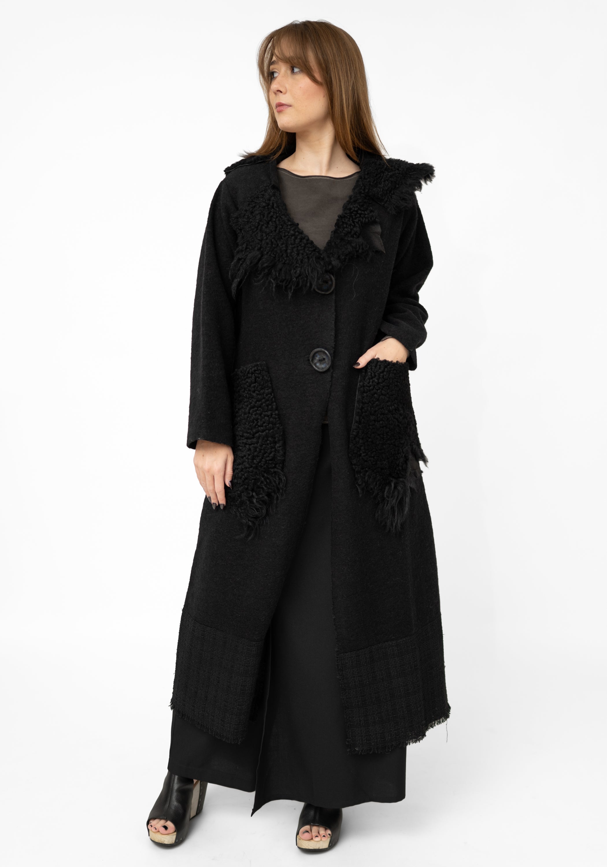 Asymmetric Shearling Detail Wool Maxi Jacket - December Thieves