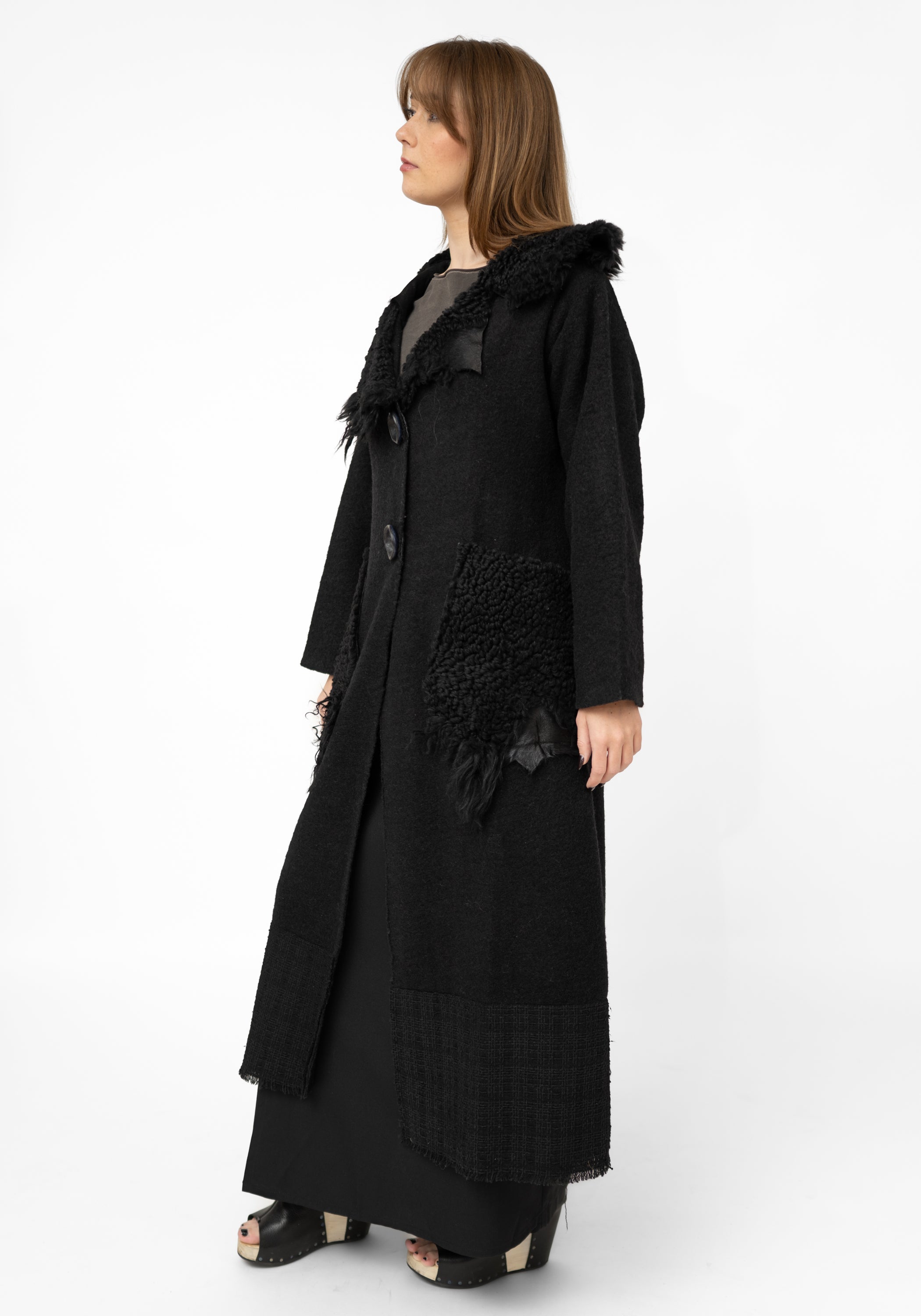 Asymmetric Shearling Detail Wool Maxi Jacket - December Thieves