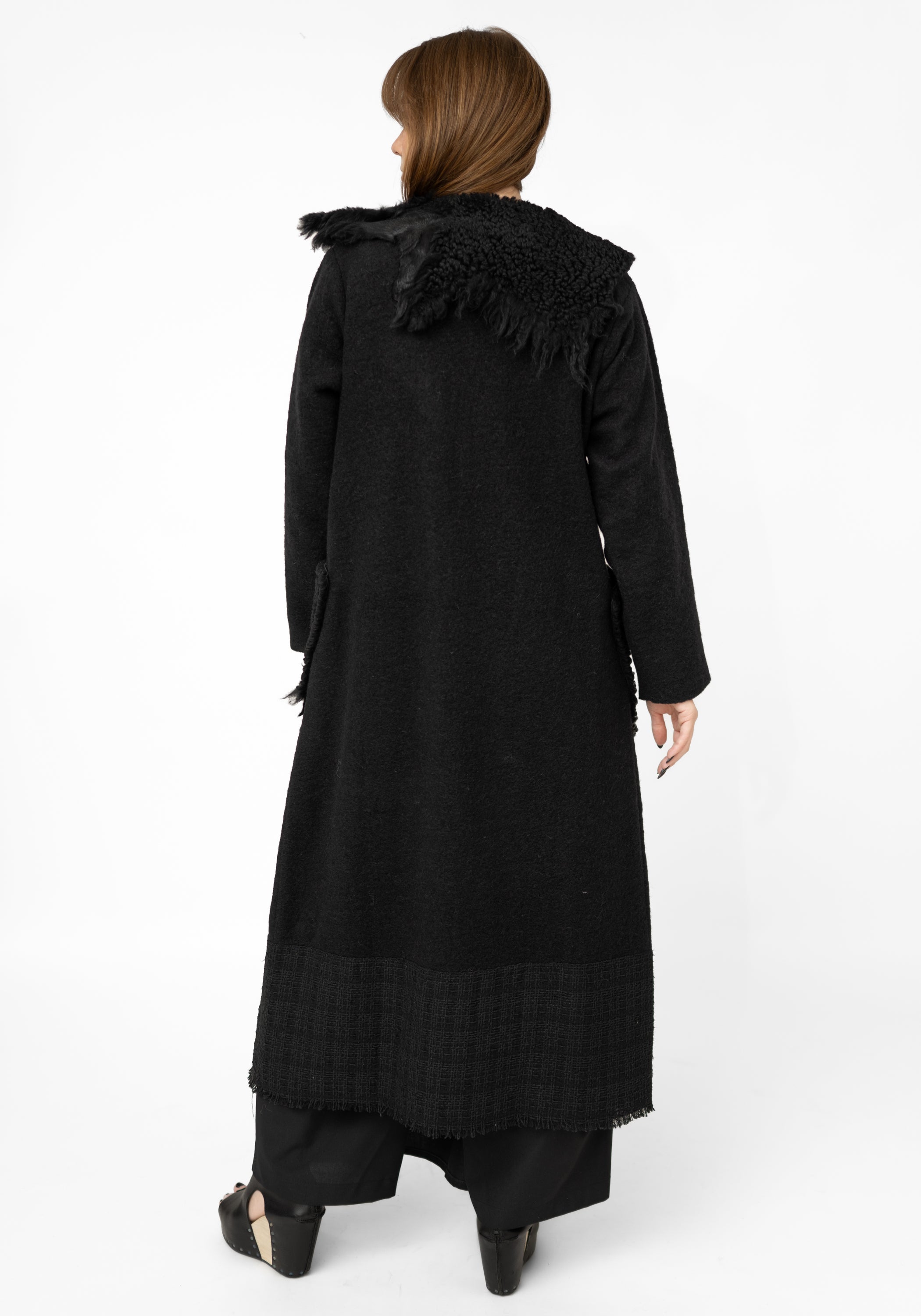 Asymmetric Shearling Detail Wool Maxi Jacket - December Thieves